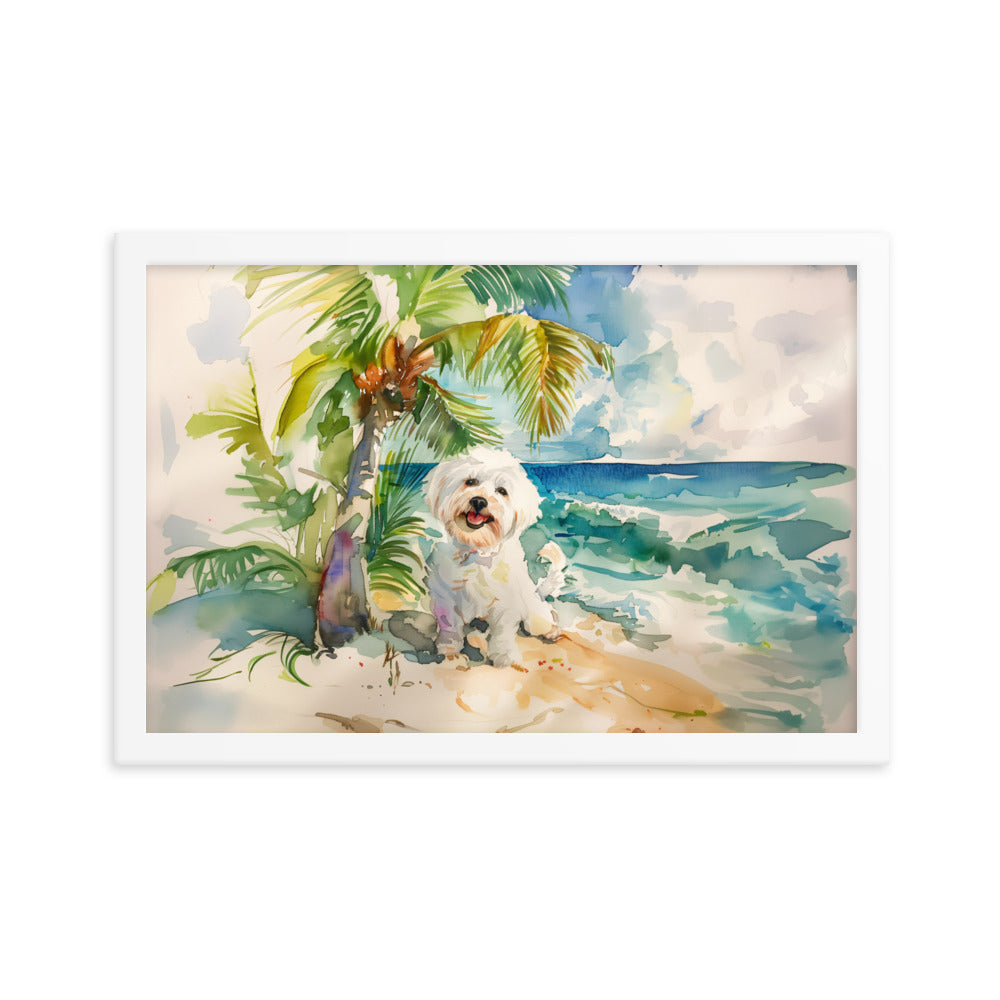 A Coton de Tulear relaxes on an island beach scene.