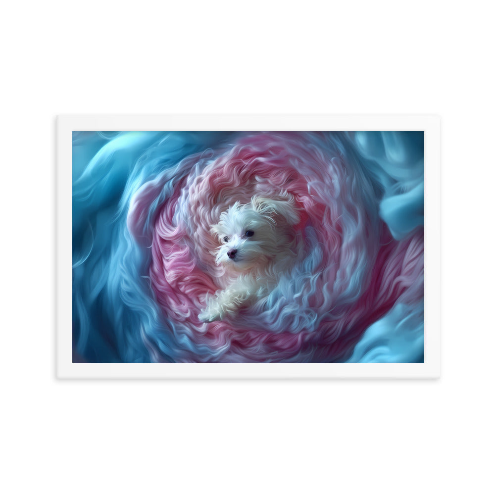 A Coton de Tulear wrapped in a 2D relief of swirling winds.