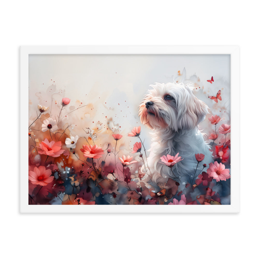 A Coton de Tulear in a field of flowers with butterflies. 