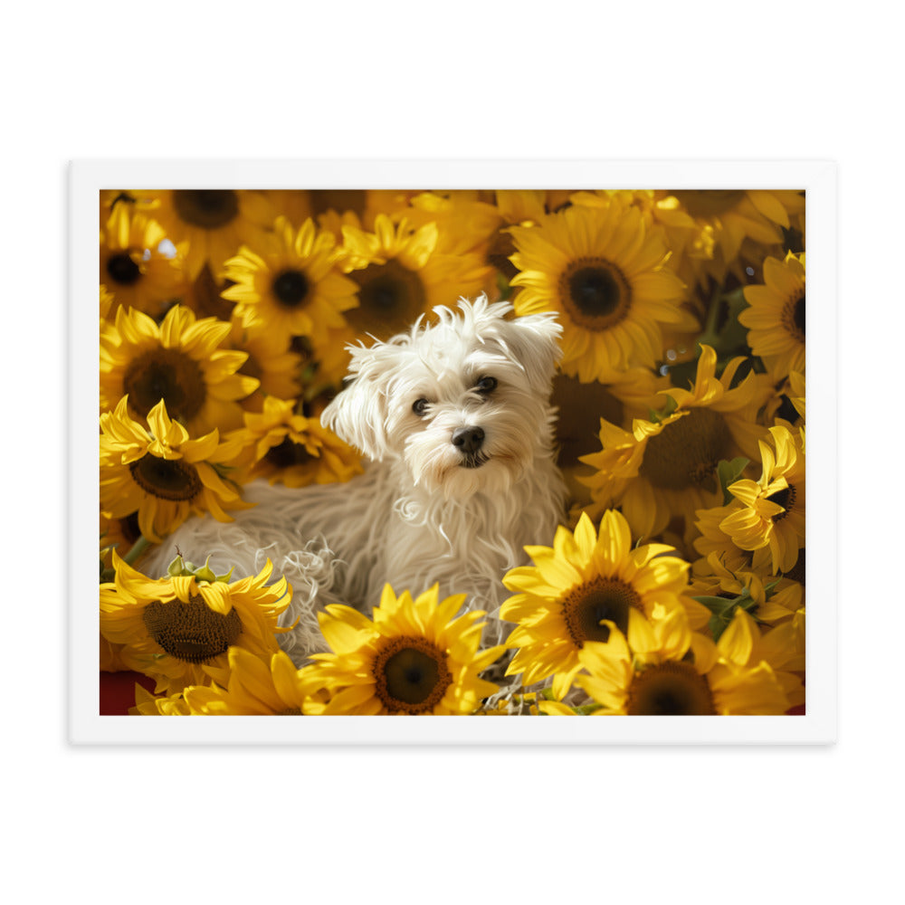 A Coton De Tulear dog nestled among vibrant sunflowers in a framed canvas art piece.