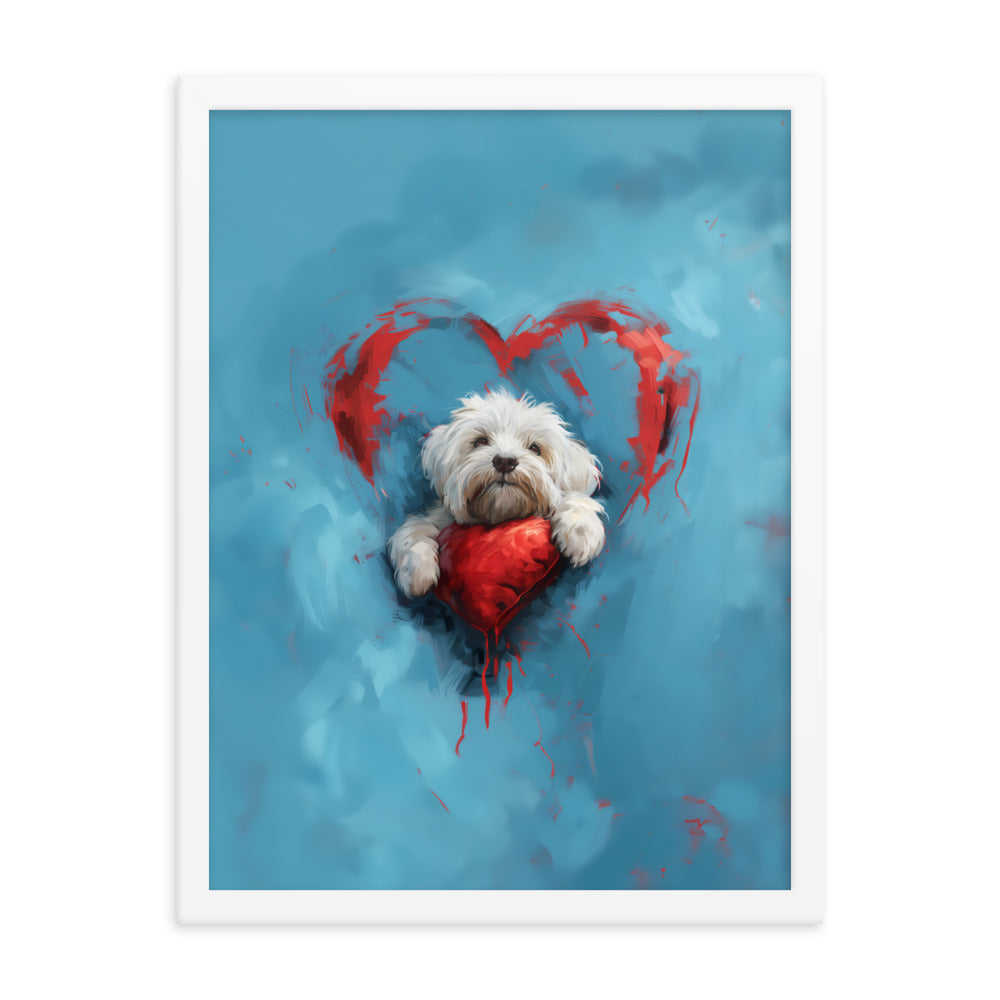 A Coton de Tulear sits on a red heart, surrounded by a red heart on a blue background. 