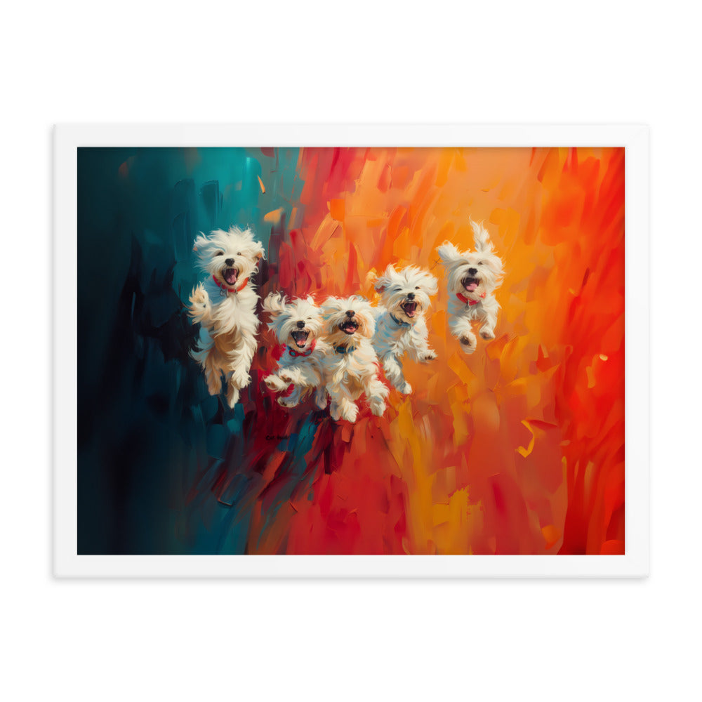 Five coton de Tulear puppies jumping in the air. Oil painting with blue and orange background.