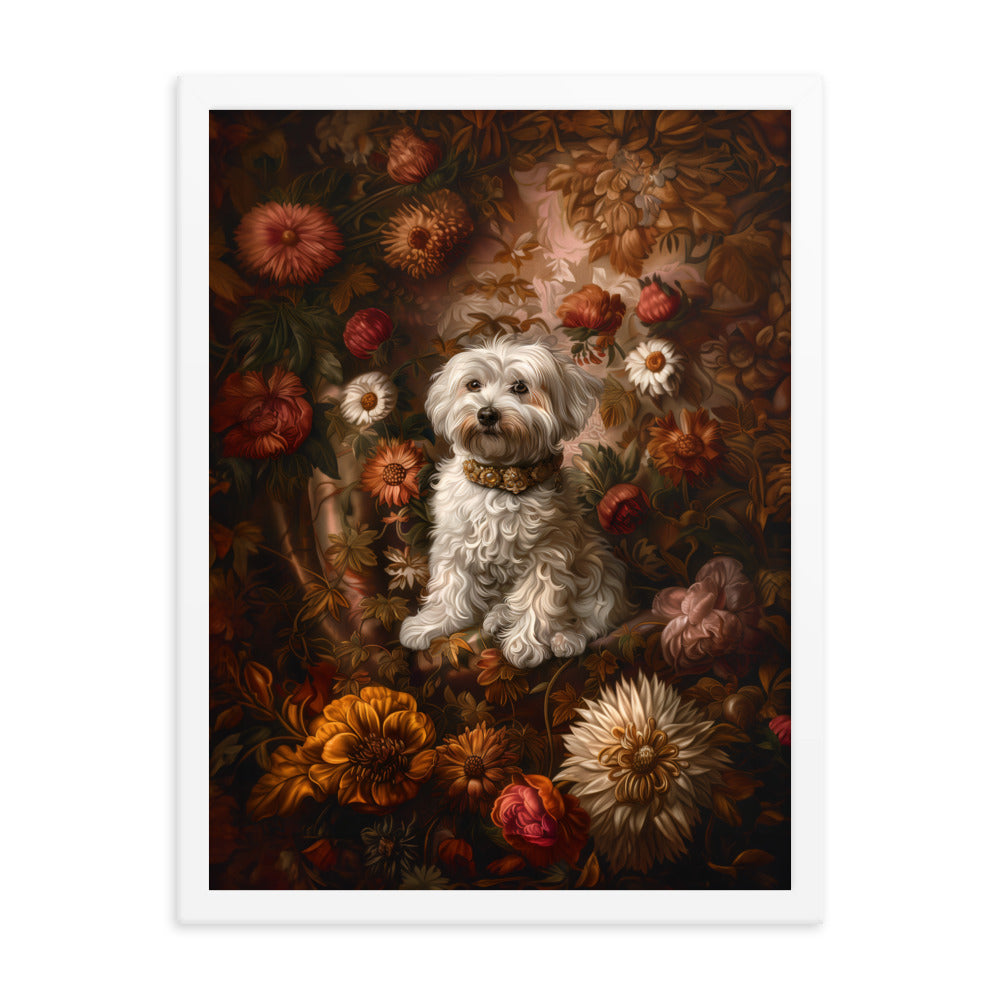 A Coton De Tulear dog featured in a Renaissance Painting with floral background