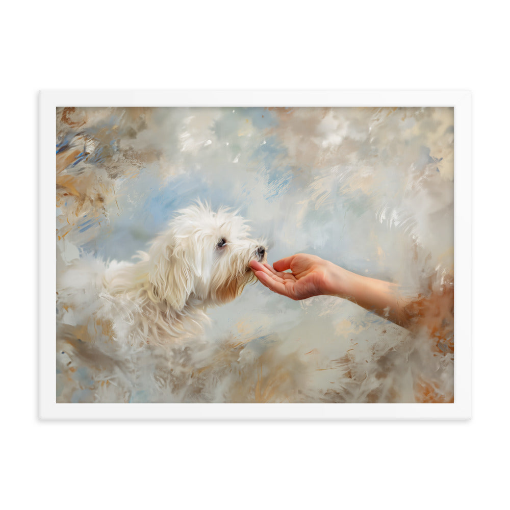 A Coton De Tulear dog kisses a human hand in the clouds