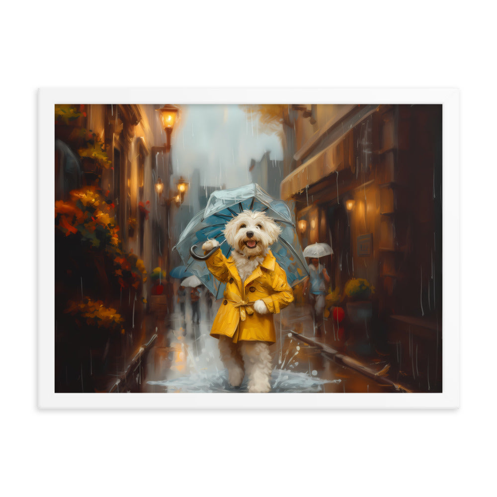 A Coton de Tulear walks down a rainy street upright wearing a yellow rain coat and umbrella.