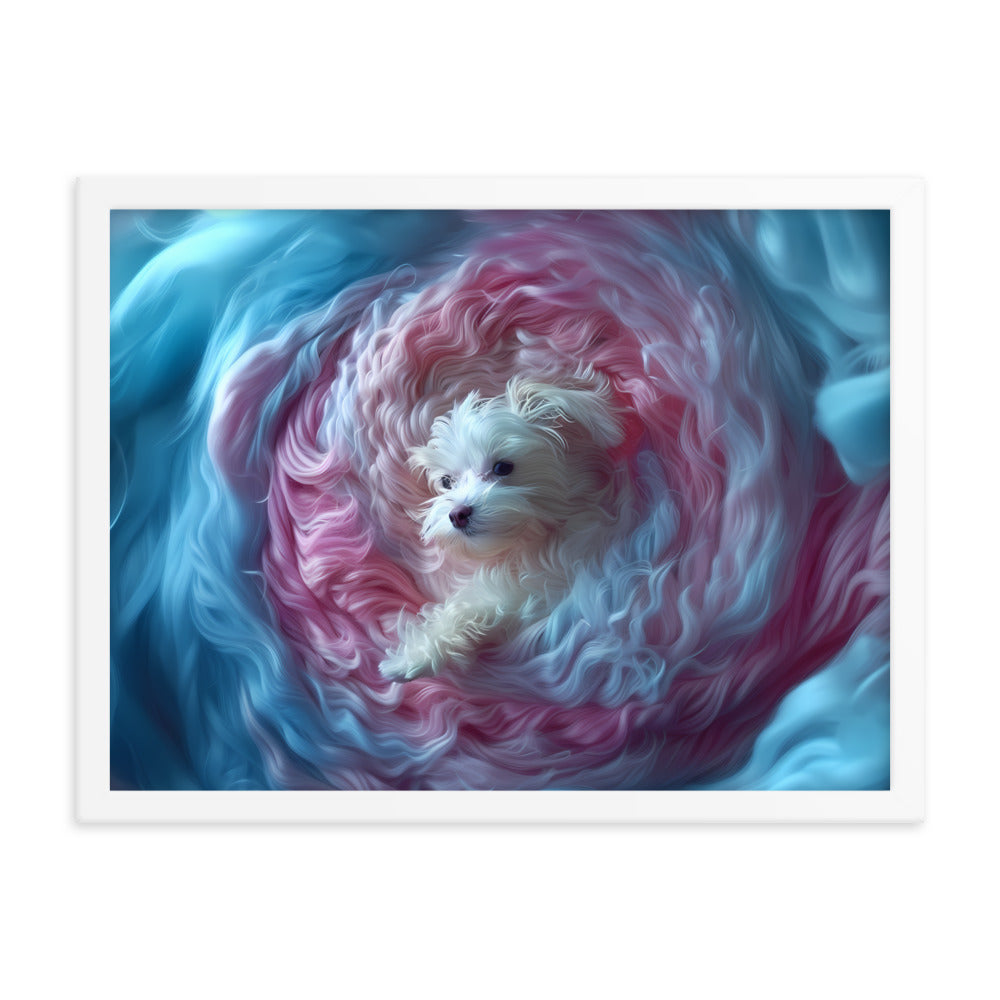 A Coton de Tulear wrapped in a 2D relief of swirling winds.