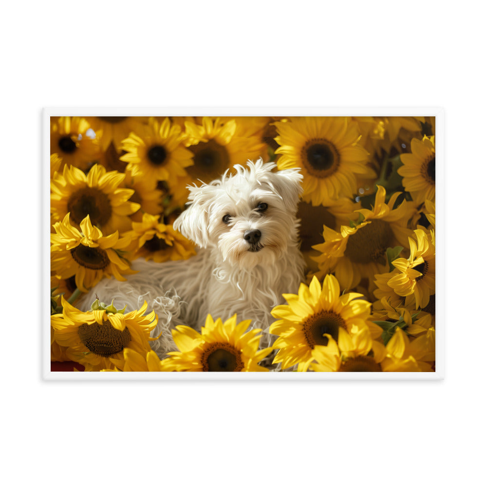 A Coton De Tulear dog nestled among vibrant sunflowers in a framed canvas art piece.