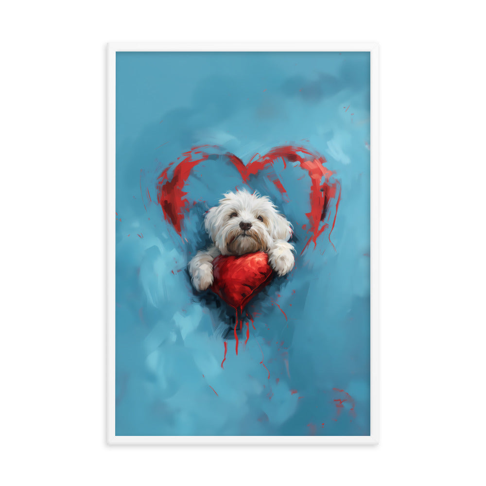 A Coton de Tulear sits on a red heart, surrounded by a red heart on a blue background. 