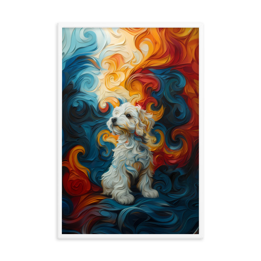 A Coton de Tulear sits in front of a swirling background of color: reds, oranges, yellows and blues.