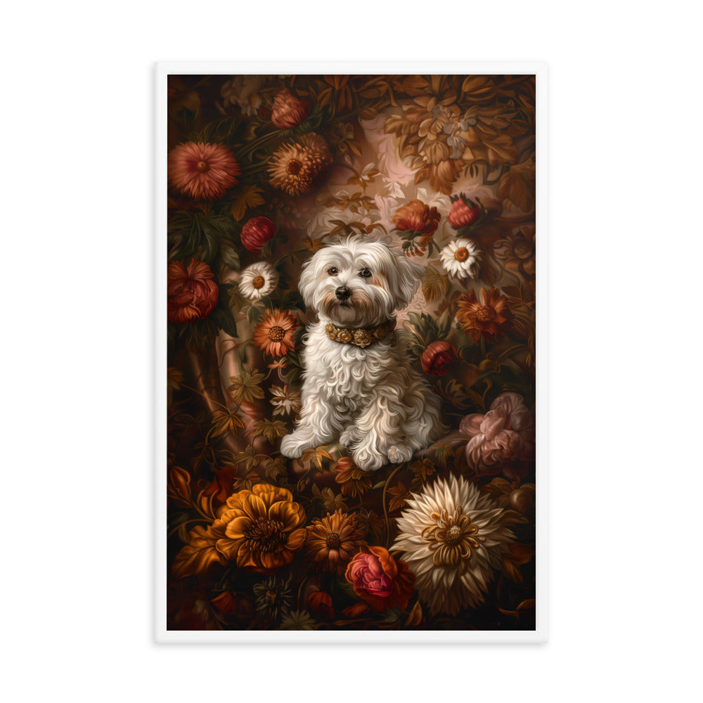 A Coton De Tulear dog featured in a Renaissance Painting with floral background