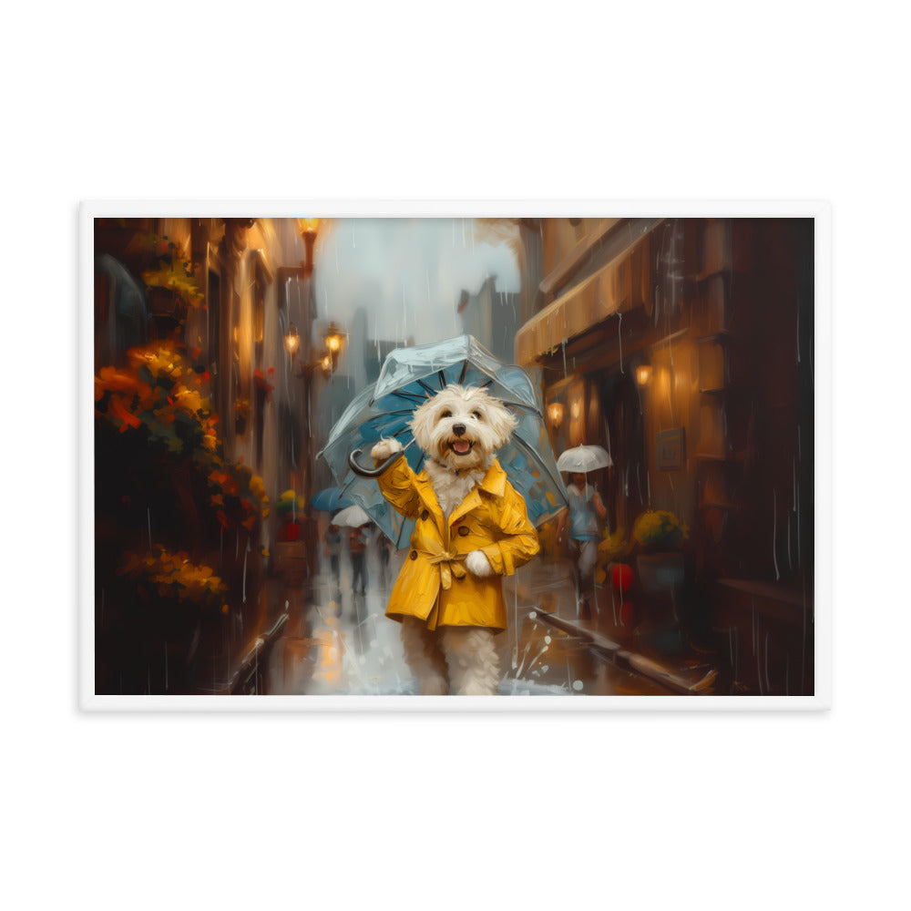 A Coton de Tulear walks down a rainy street upright wearing a yellow rain coat and umbrella.