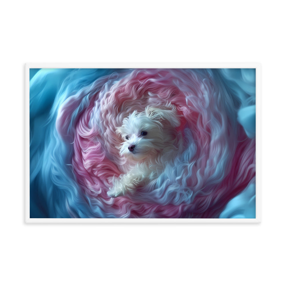 A Coton de Tulear wrapped in a 2D relief of swirling winds.