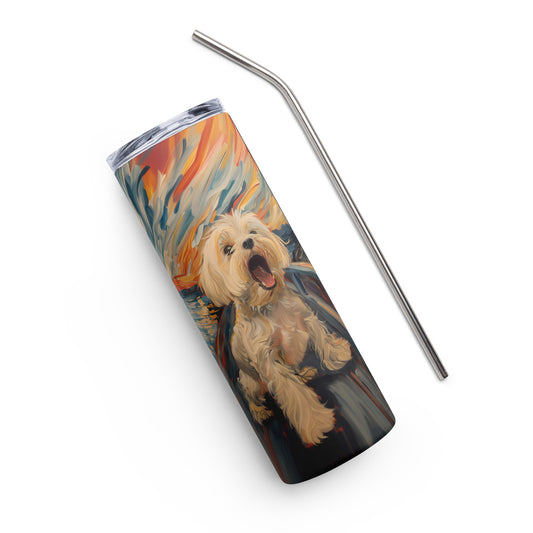 Coton de Tulear-themed stainless steel tumbler with colorful artistic design and metal straw.
