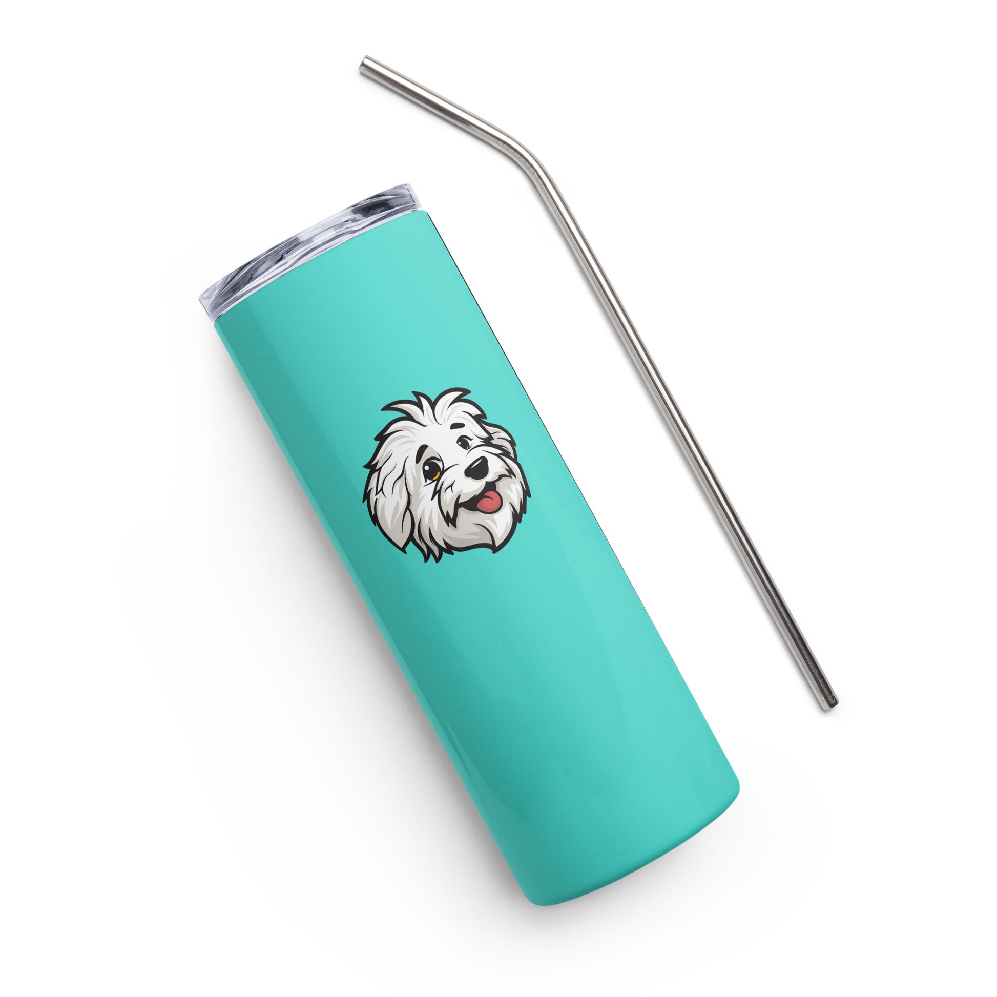 A tumbler with the Coton de Tulear Shop Logo, Sebastian. 