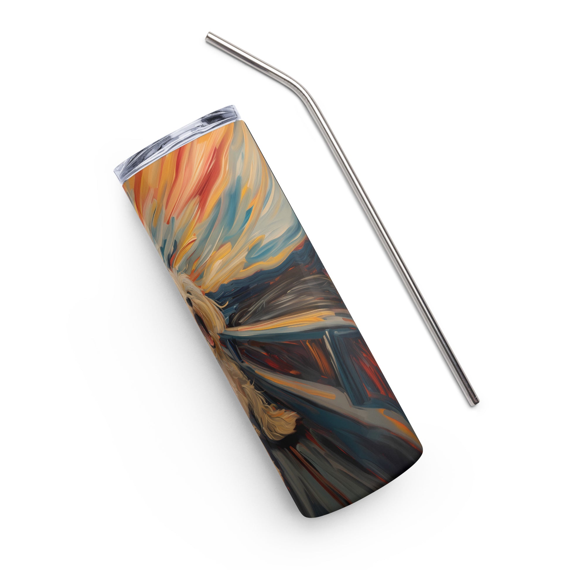 Coton de Tulear-themed stainless steel tumbler with colorful artistic design and metal straw.