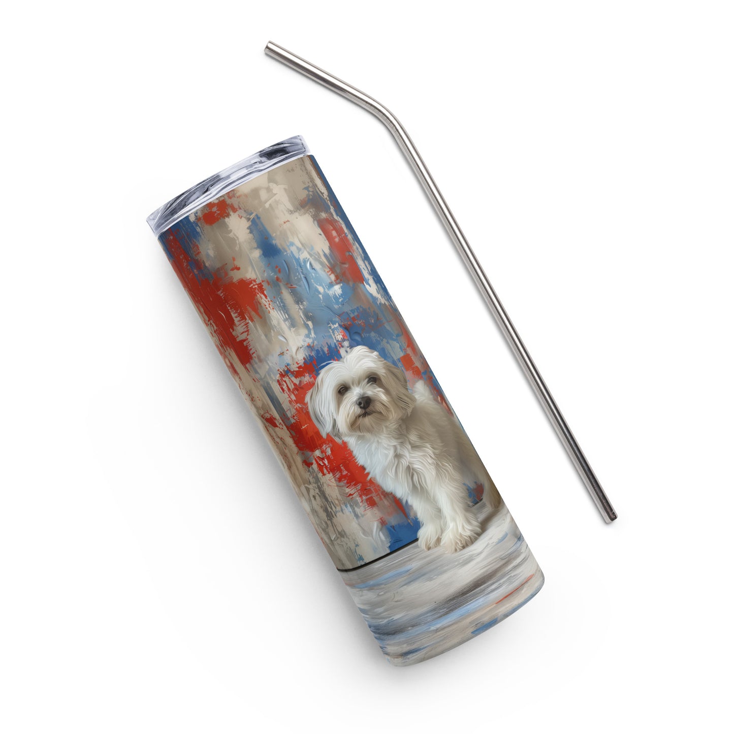 A Coton de Tulear with red, white and blue background. 