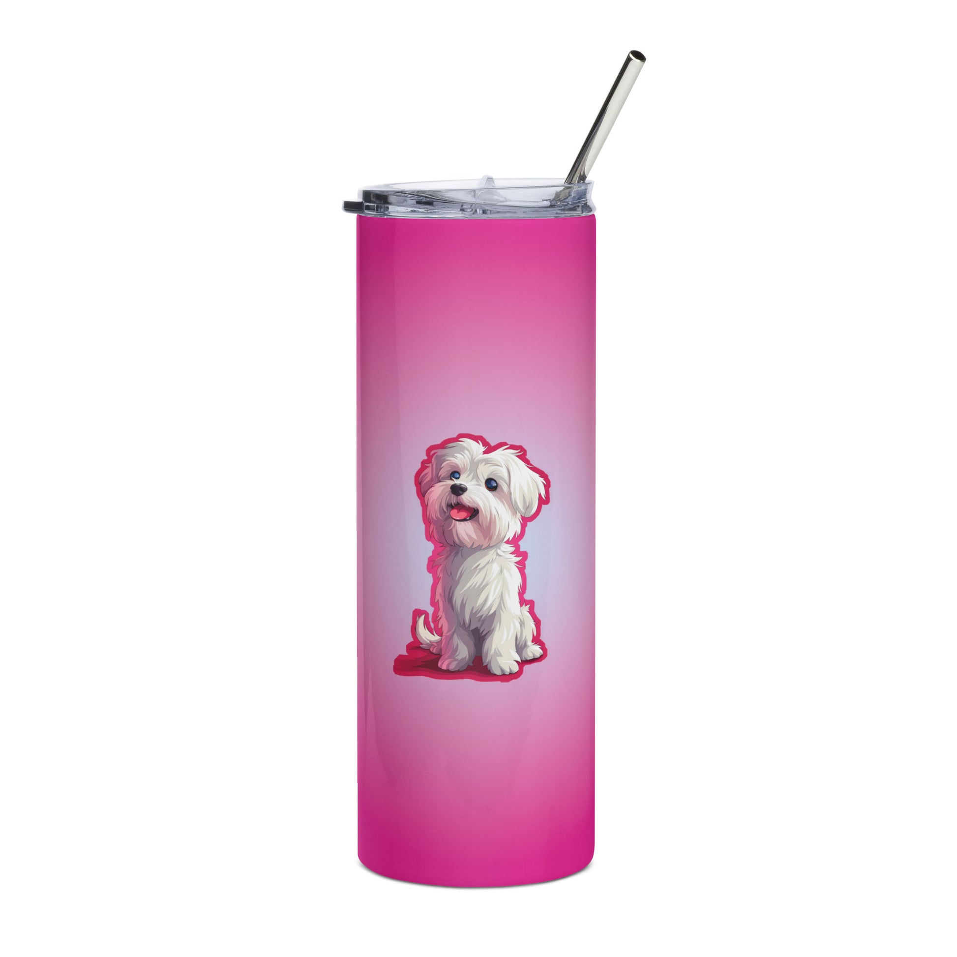 A Coton De Tulear dog Anime character standing and smiling on pink tumbler