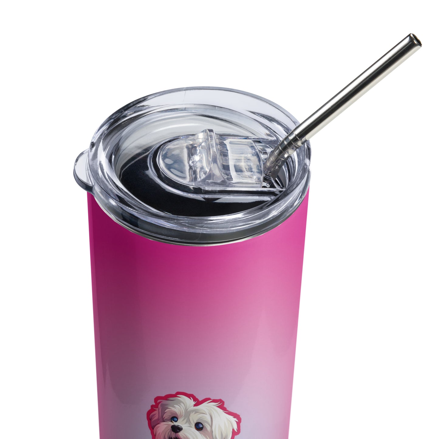 A Coton De Tulear dog Anime character standing and smiling on pink tumbler