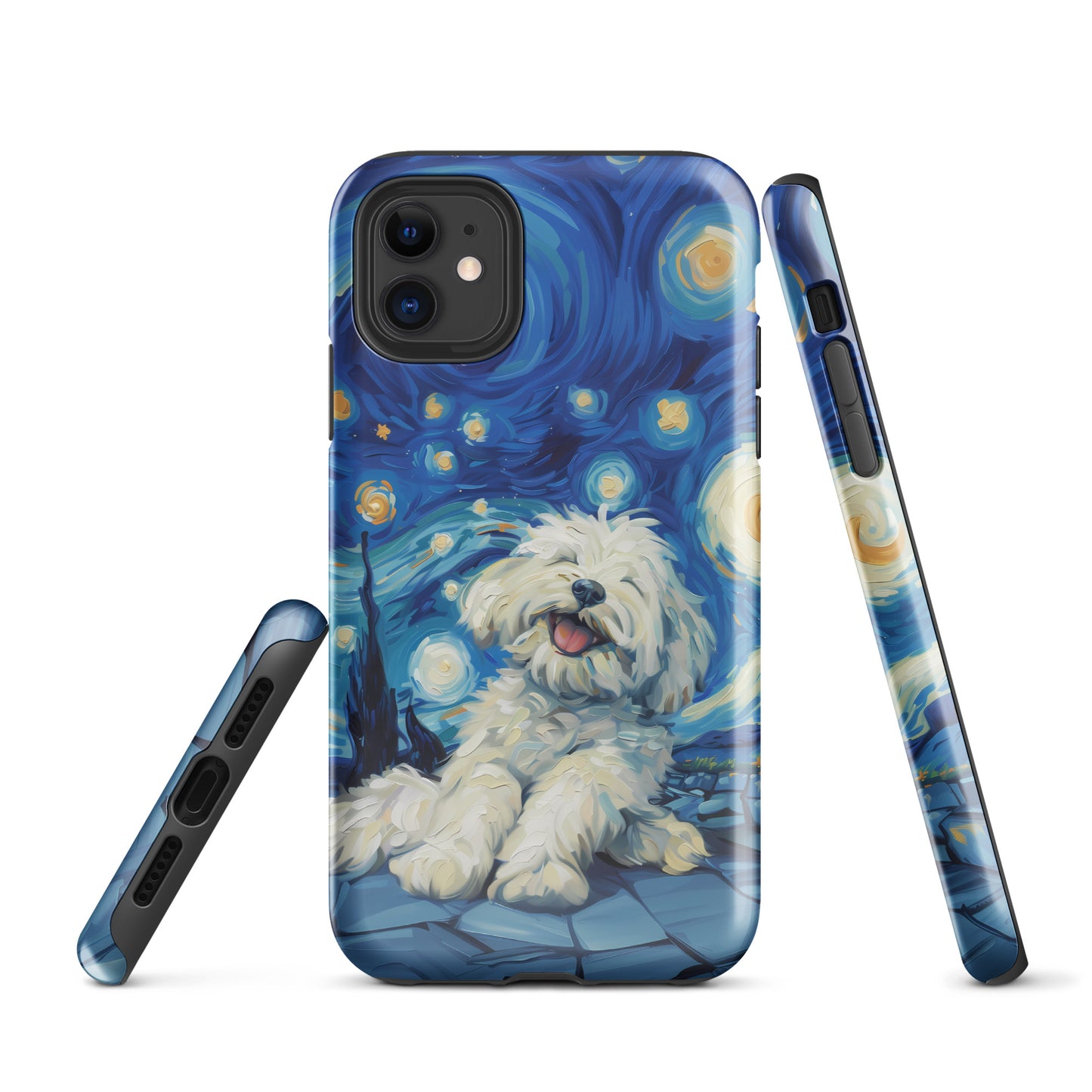 Van Gogh’s Starry night scene with a happy coton de tulear.