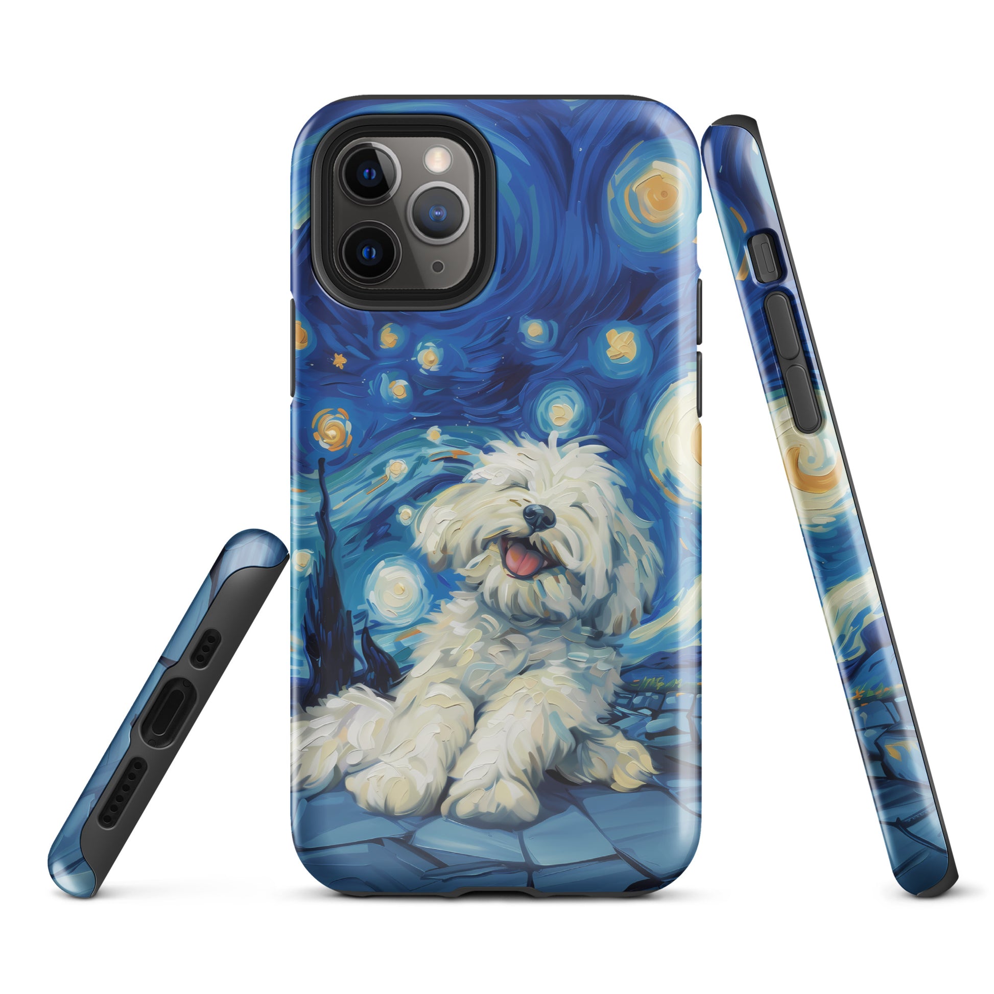 Van Gogh’s Starry night scene with a happy coton de tulear.