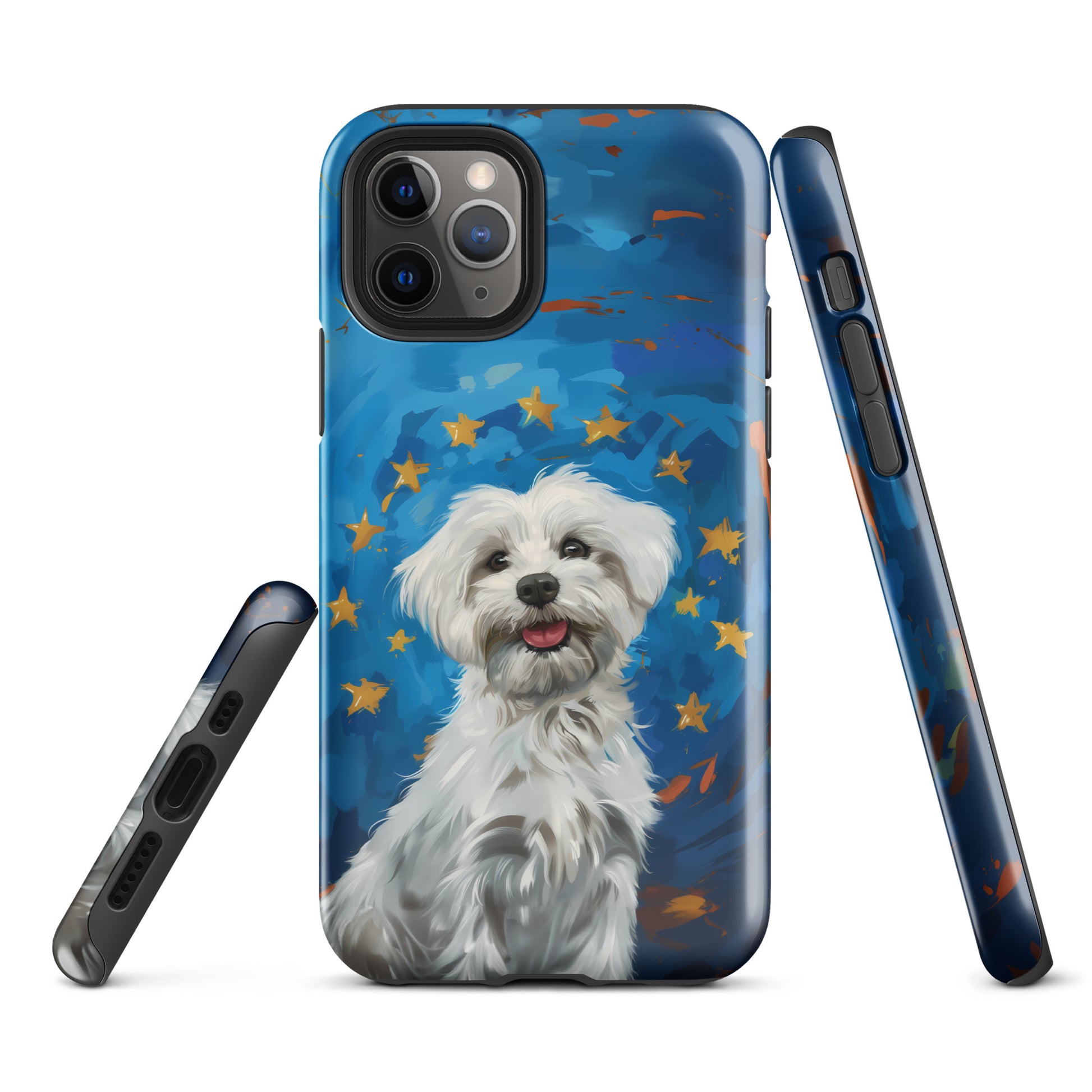 A Coton de Tulear in fron of a blue background with a circle of gold stars from the EU Flag. 