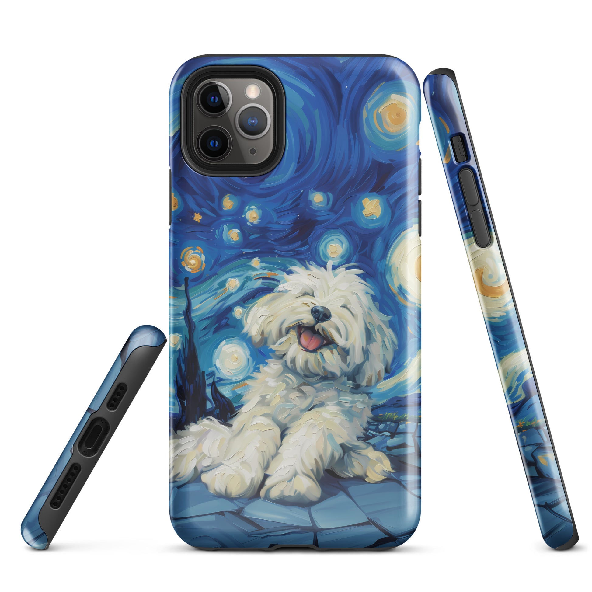 Van Gogh’s Starry night scene with a happy coton de tulear.