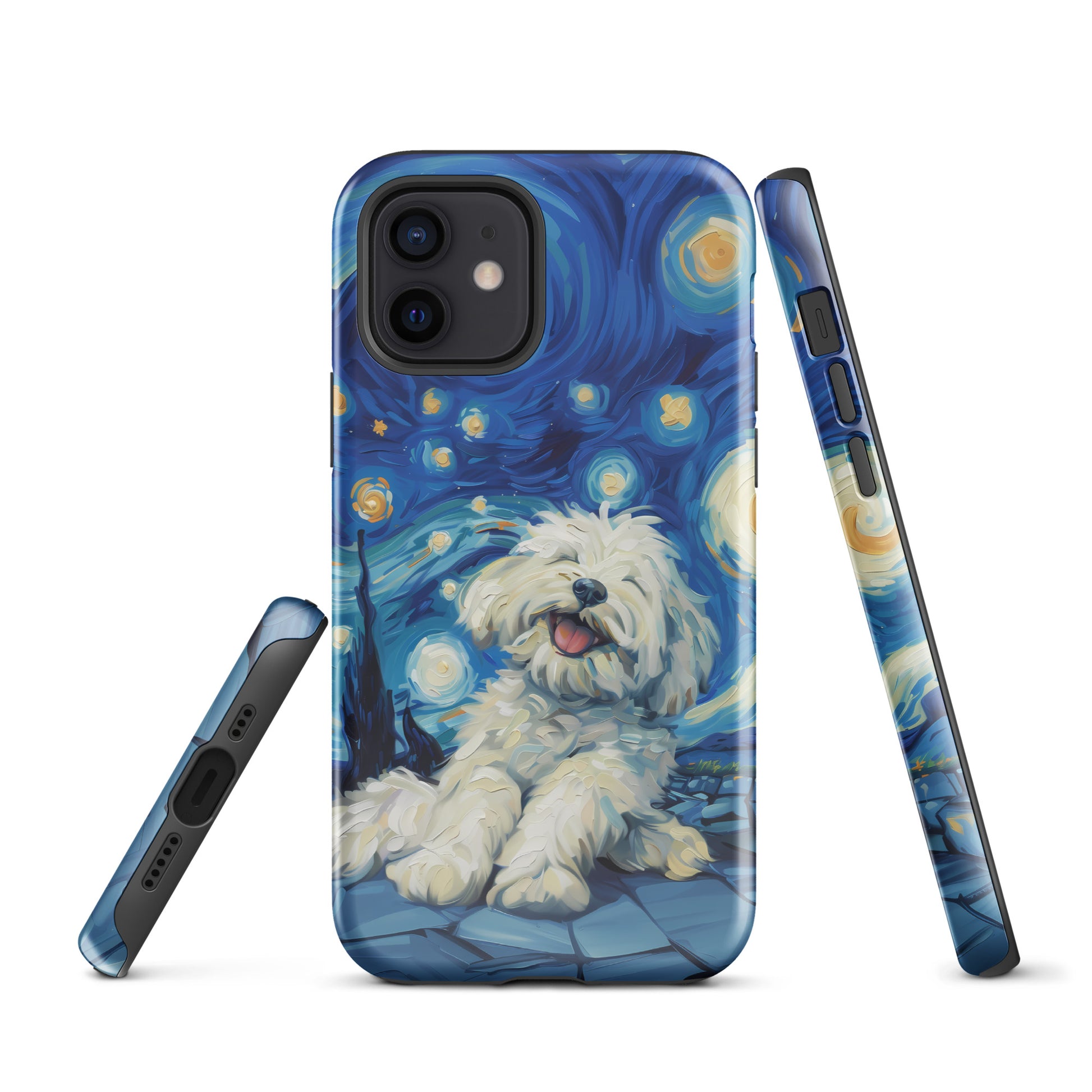 Van Gogh’s Starry night scene with a happy coton de tulear.