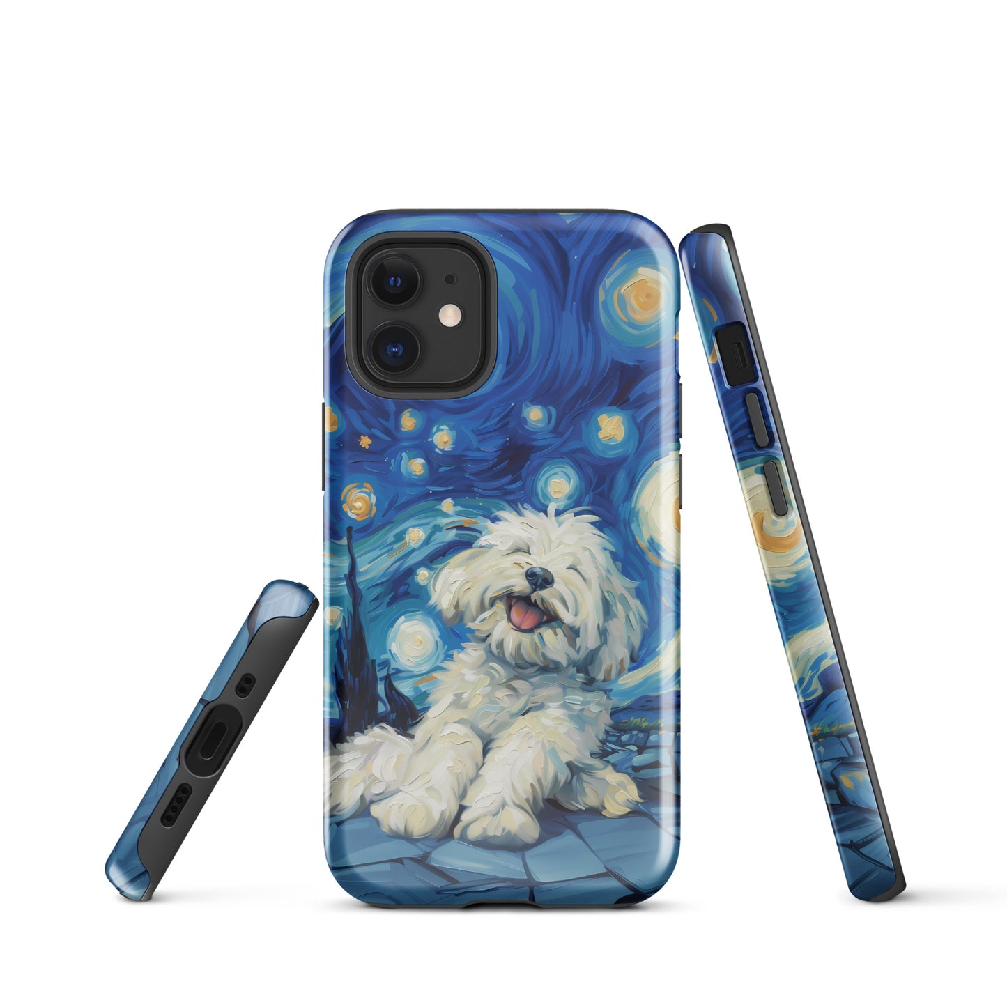 Van Gogh’s Starry night scene with a happy coton de tulear.