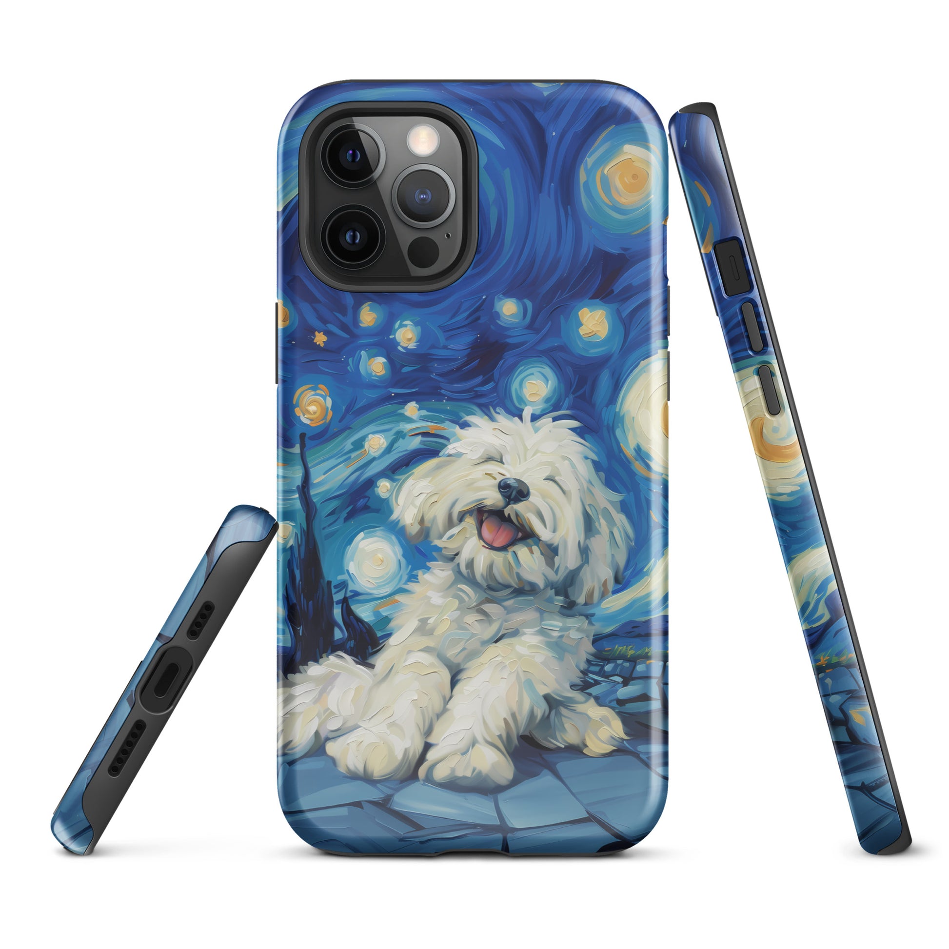 Van Gogh’s Starry night scene with a happy coton de tulear.