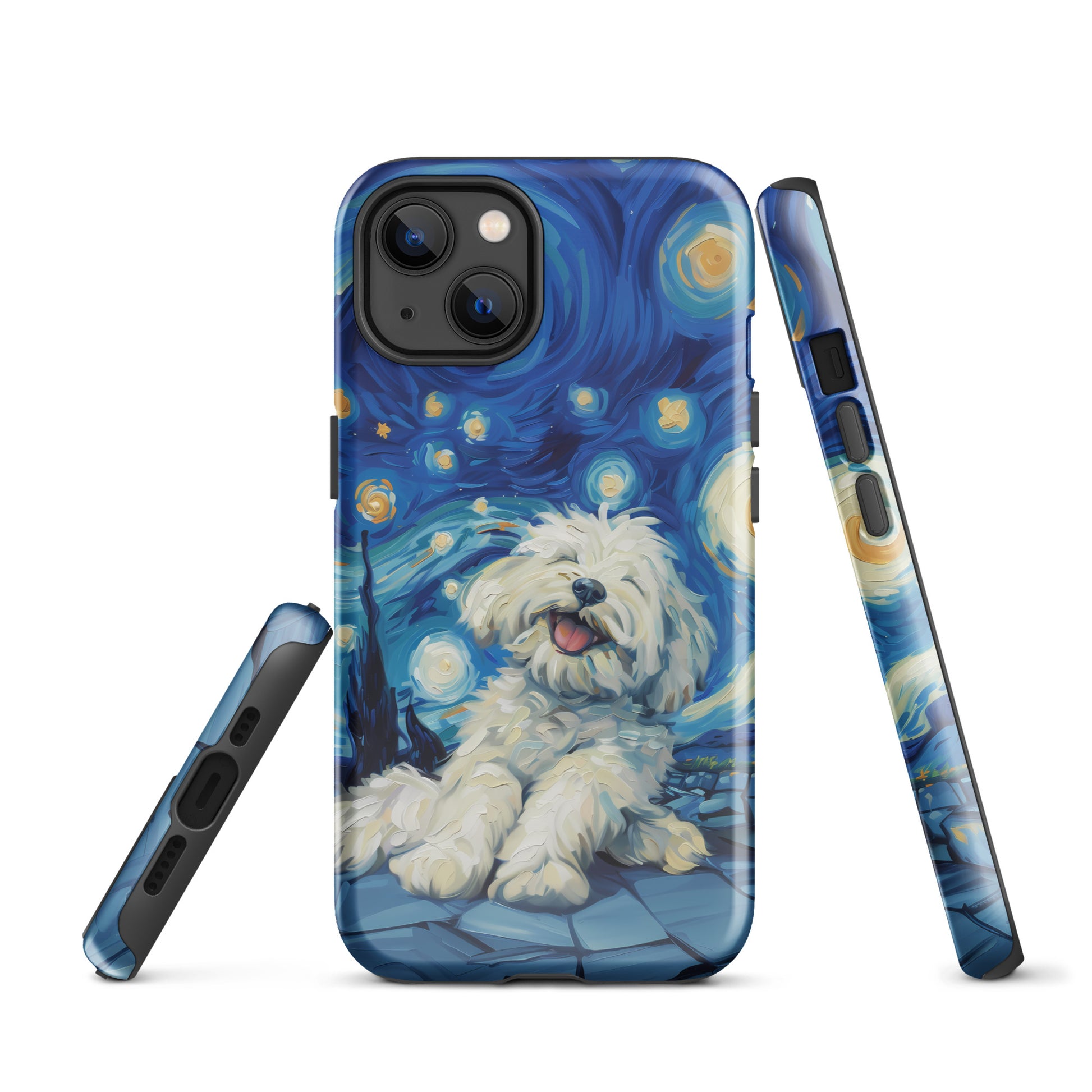 Van Gogh’s Starry night scene with a happy coton de tulear.