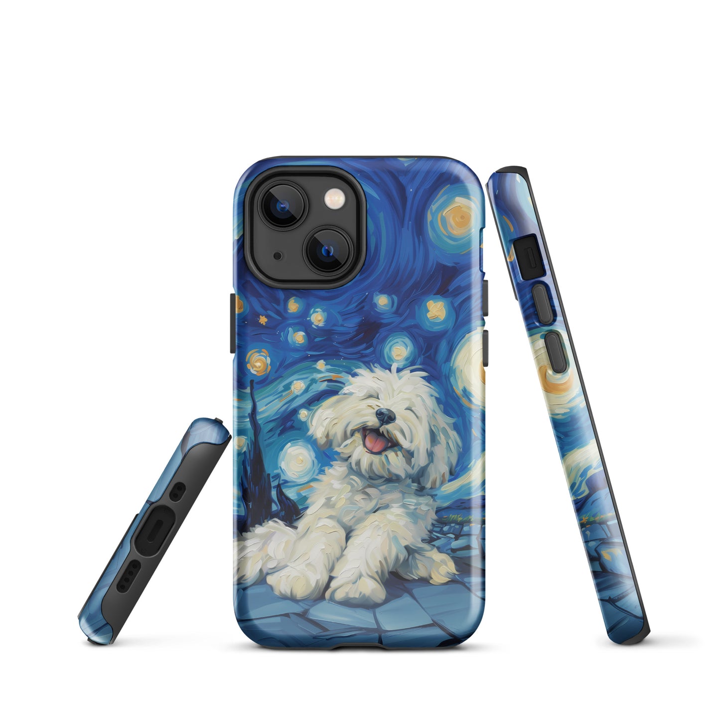 Van Gogh’s Starry night scene with a happy coton de tulear.