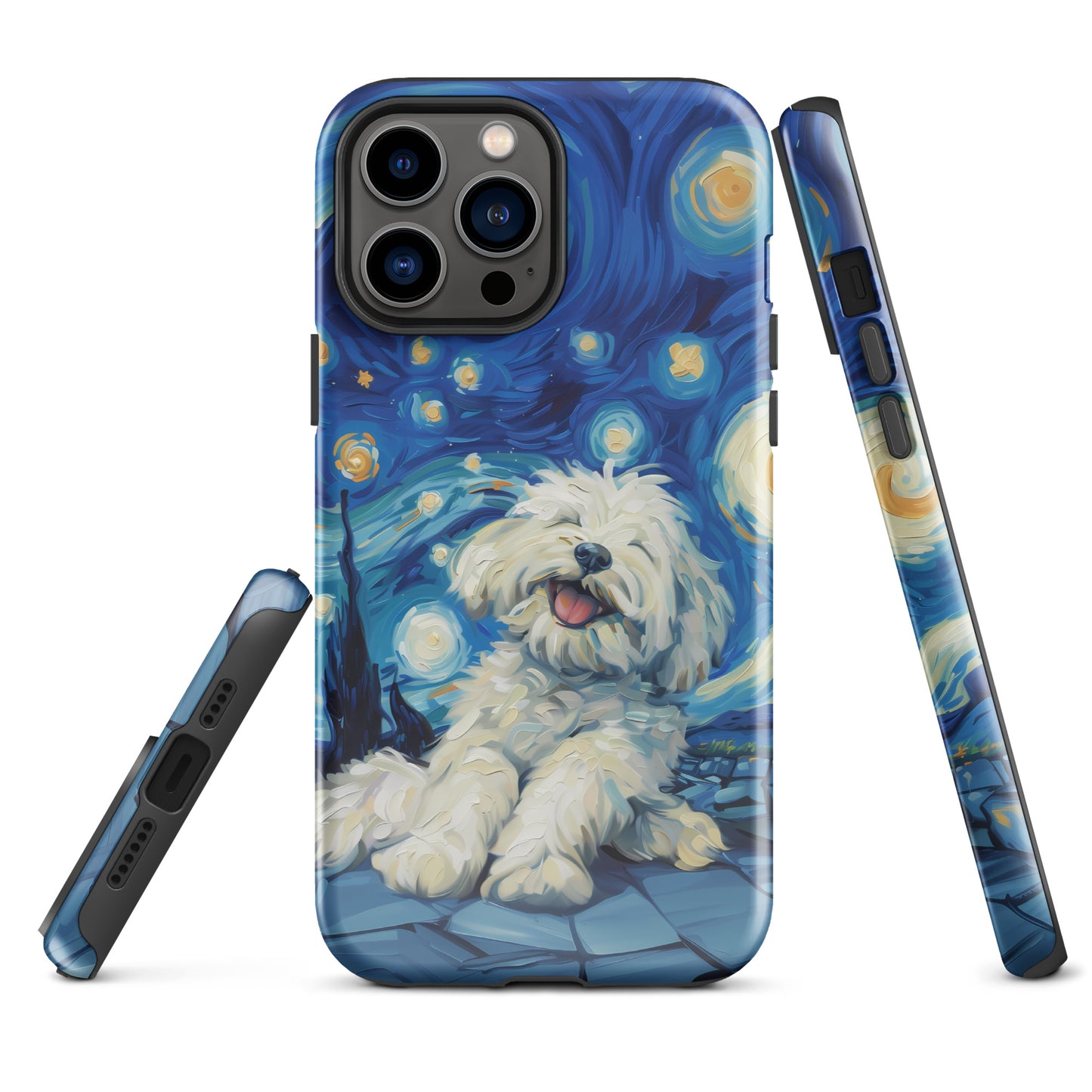 Van Gogh’s Starry night scene with a happy coton de tulear.