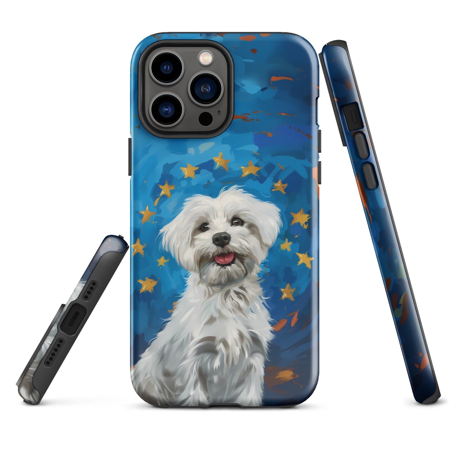 A Coton de Tulear in fron of a blue background with a circle of gold stars from the EU Flag. 