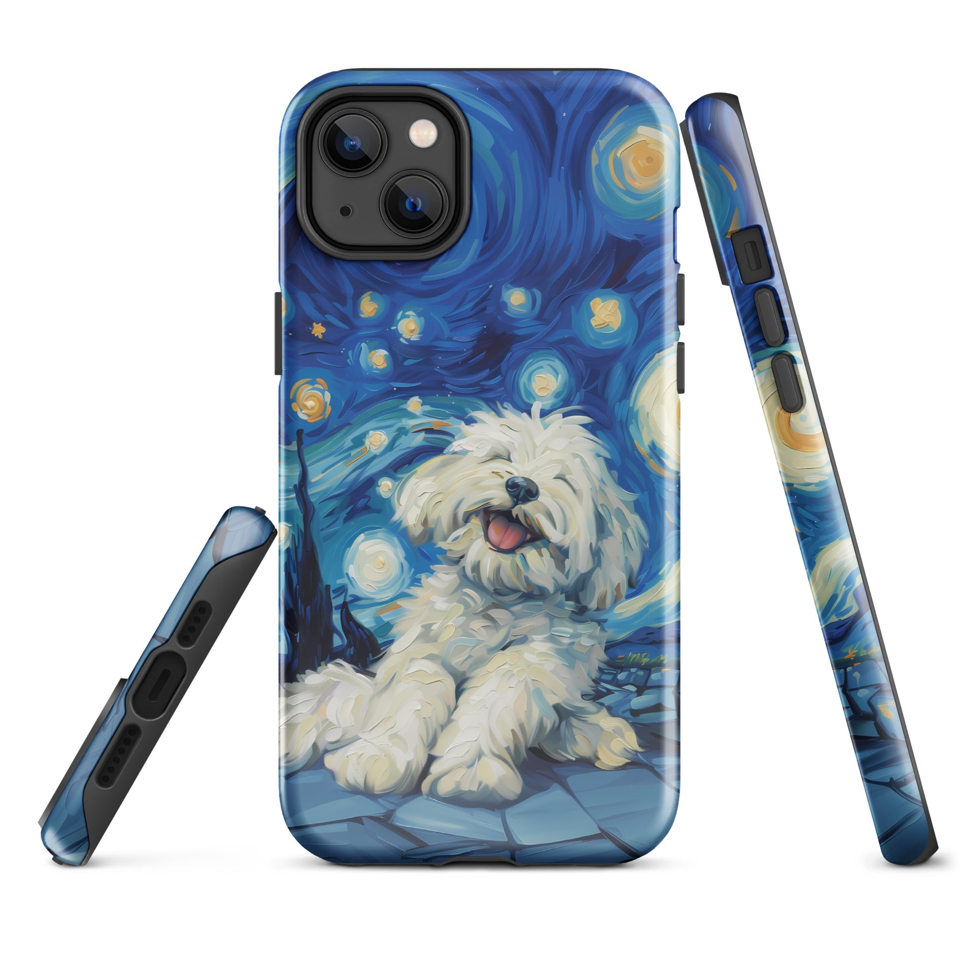 Van Gogh’s Starry night scene with a happy coton de tulear.