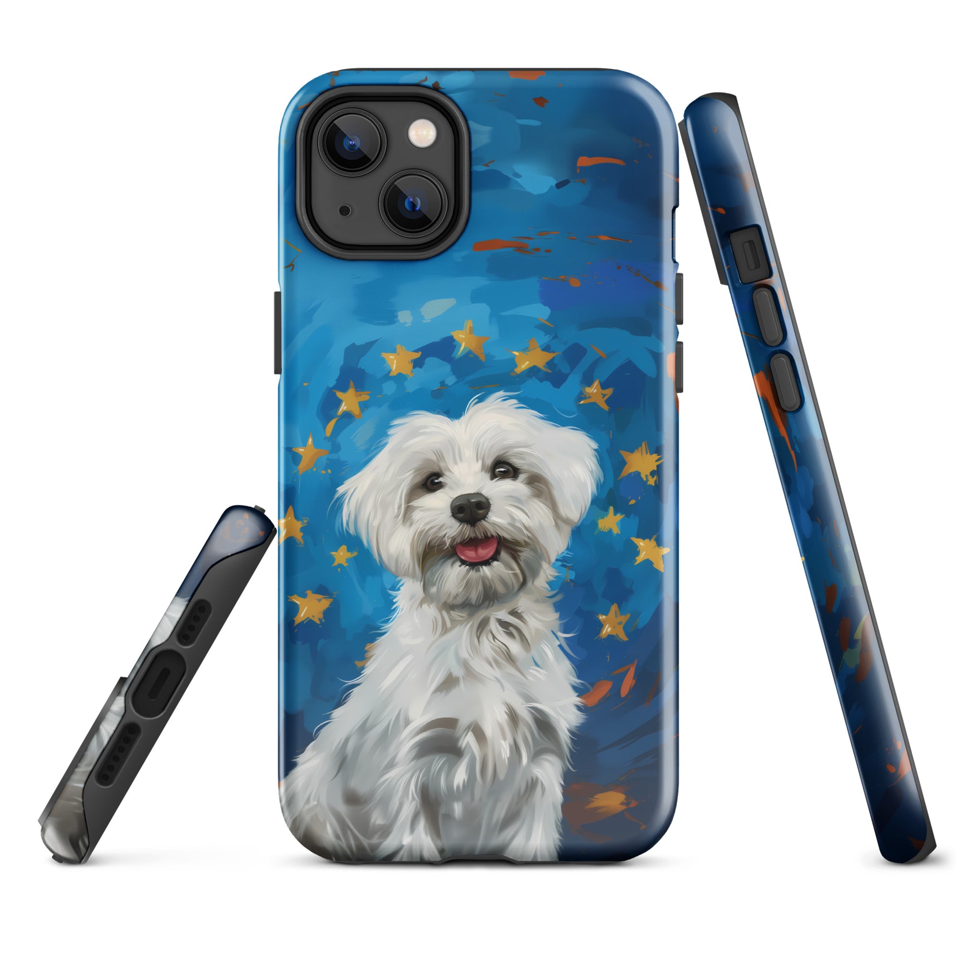 A Coton de Tulear in fron of a blue background with a circle of gold stars from the EU Flag. 