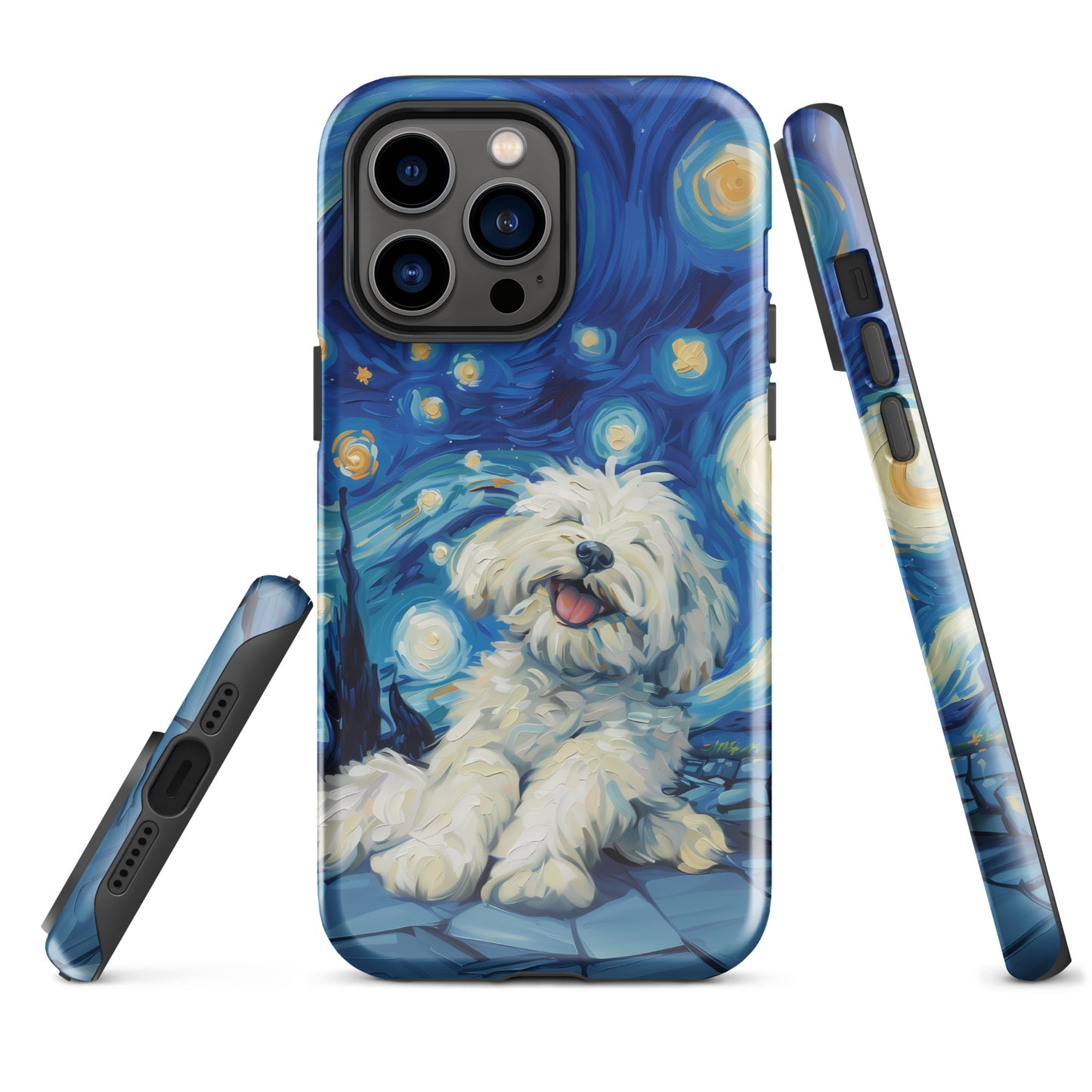 Van Gogh’s Starry night scene with a happy coton de tulear.