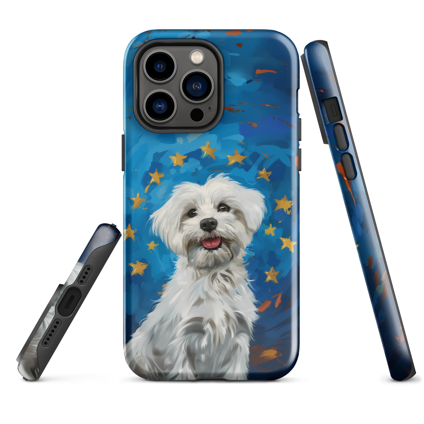 A Coton de Tulear in fron of a blue background with a circle of gold stars from the EU Flag. 