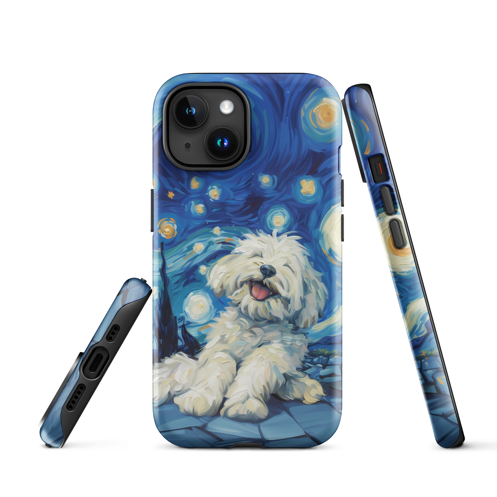 Van Gogh’s Starry night scene with a happy coton de tulear.