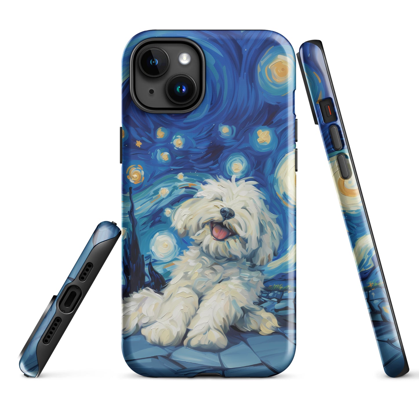 Van Gogh’s Starry night scene with a happy coton de tulear.