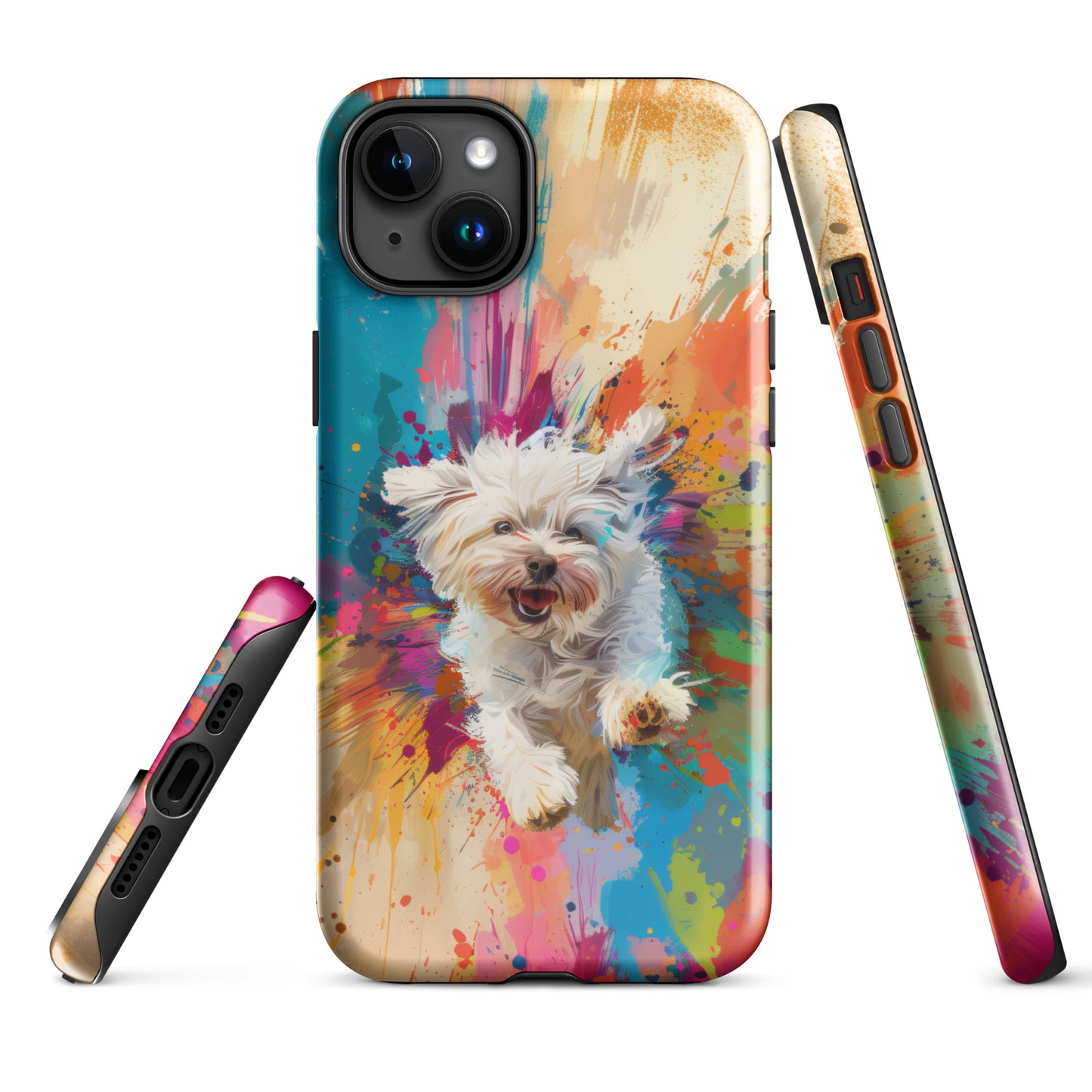 A Coton de Tulear jumps in the air with a colorful painterly background.