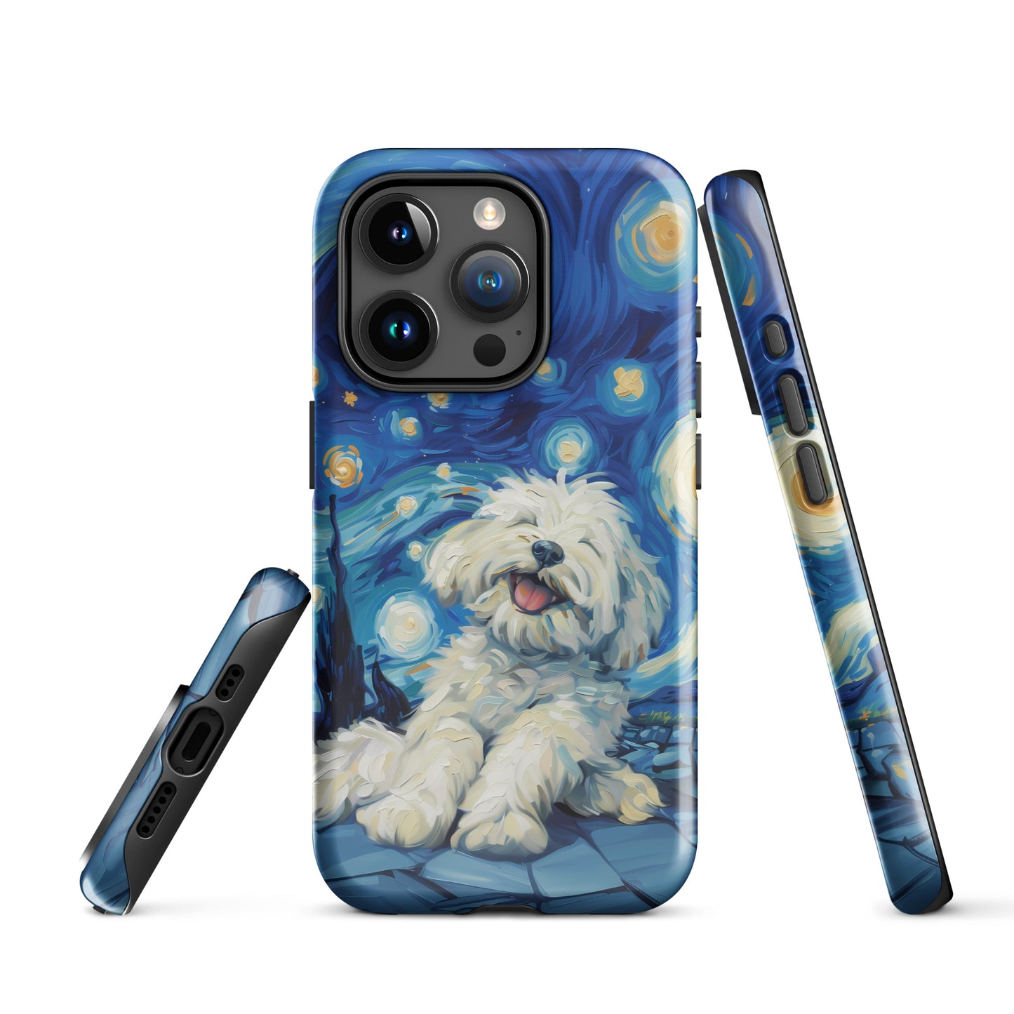 Van Gogh’s Starry night scene with a happy coton de tulear.