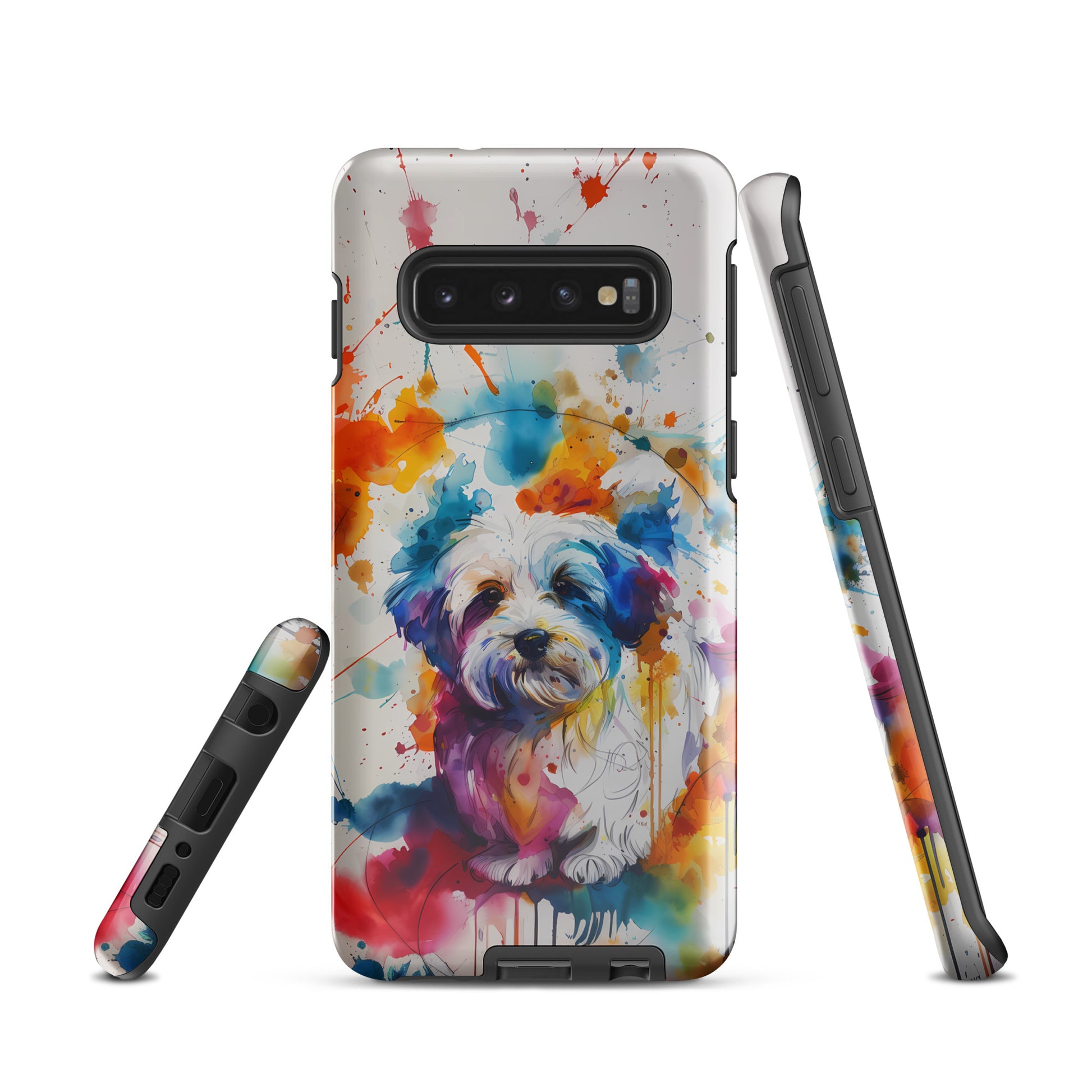 A Coton De Tulear dog in a splatter art phone case