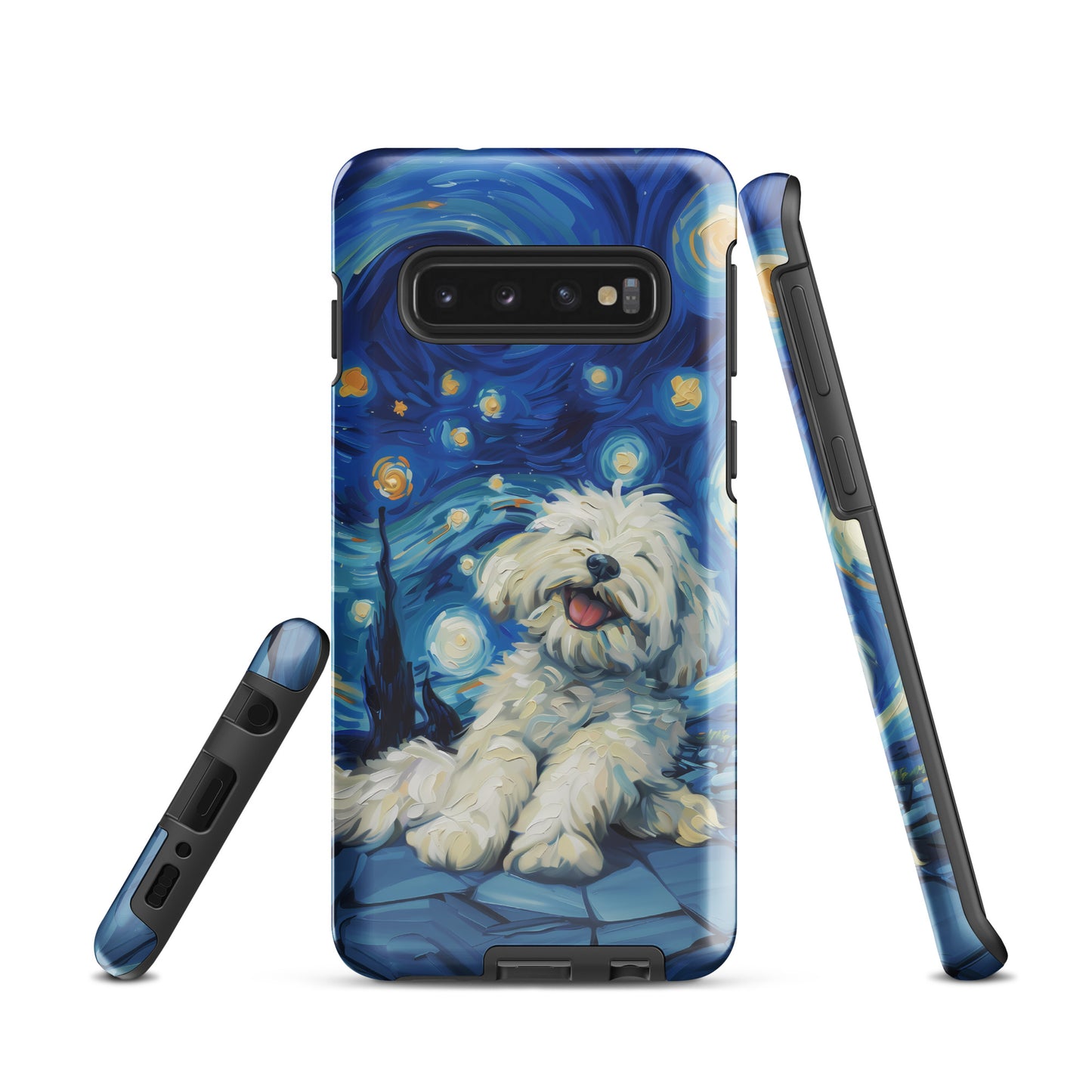 Van Gogh’s Starry night scene with a happy coton de tulear.