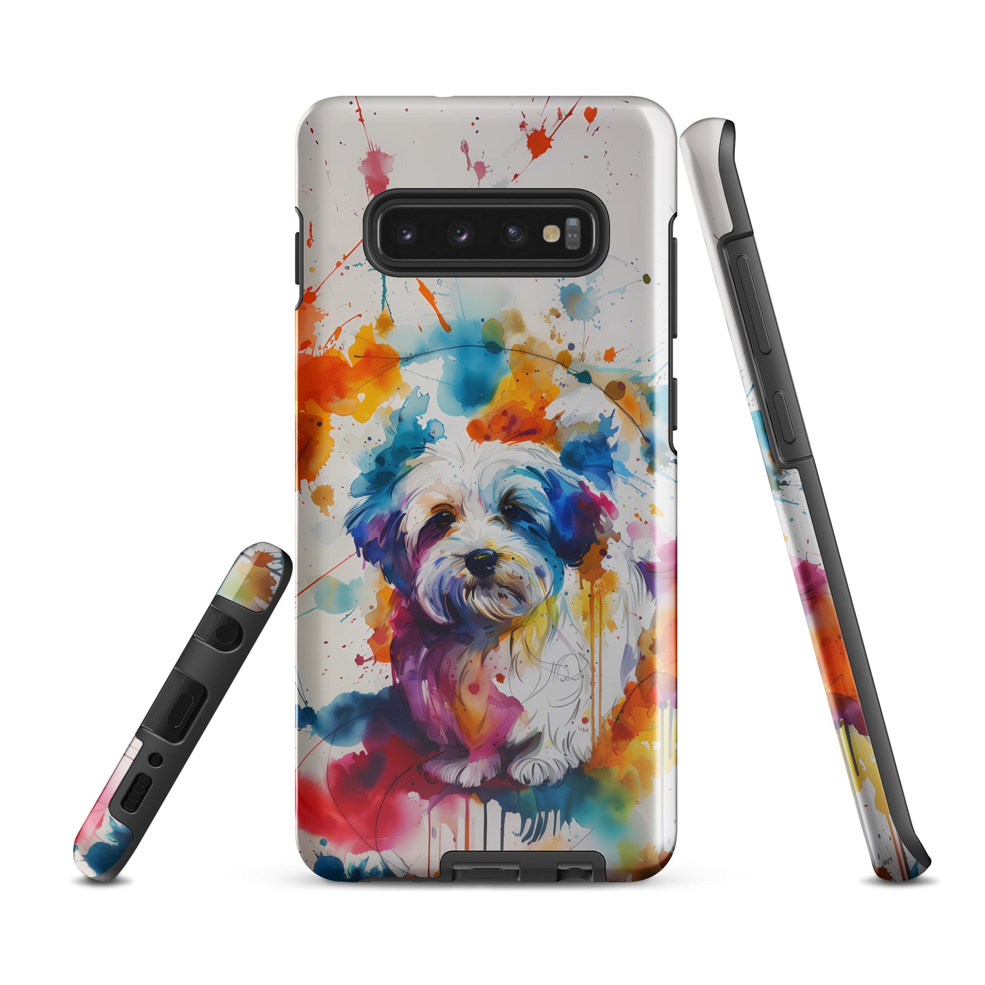 A Coton De Tulear dog in a splatter art phone case