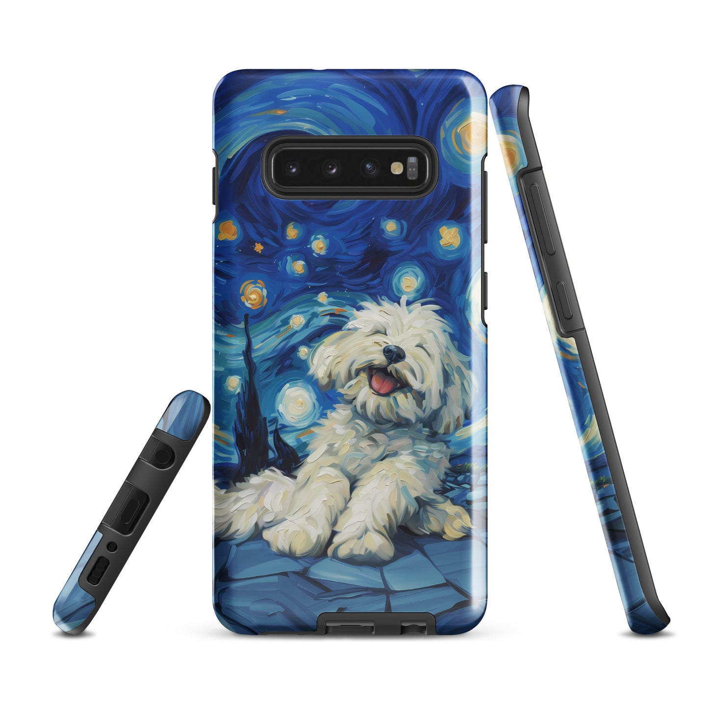 Van Gogh’s Starry night scene with a happy coton de tulear.