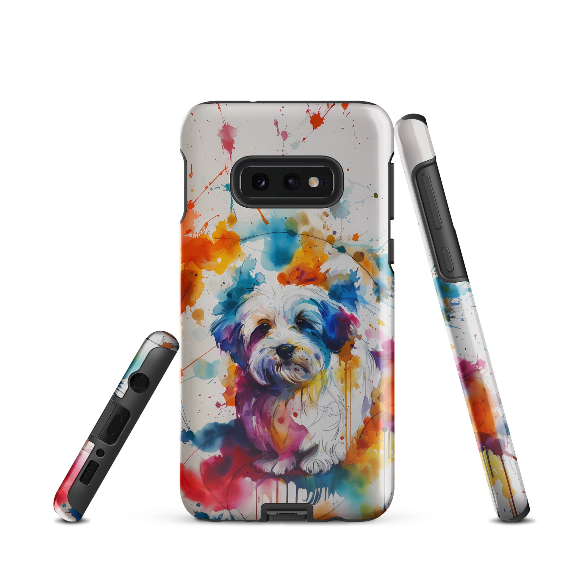 A Coton De Tulear dog in a splatter art phone case