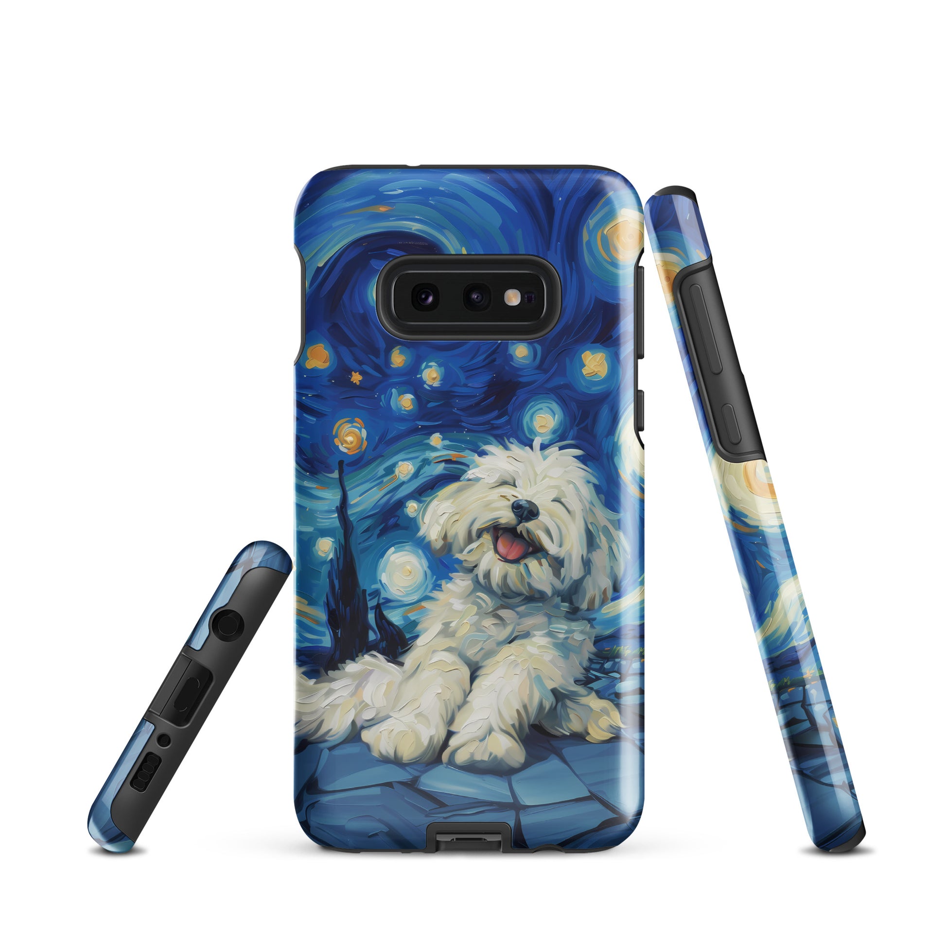 Van Gogh’s Starry night scene with a happy coton de tulear.