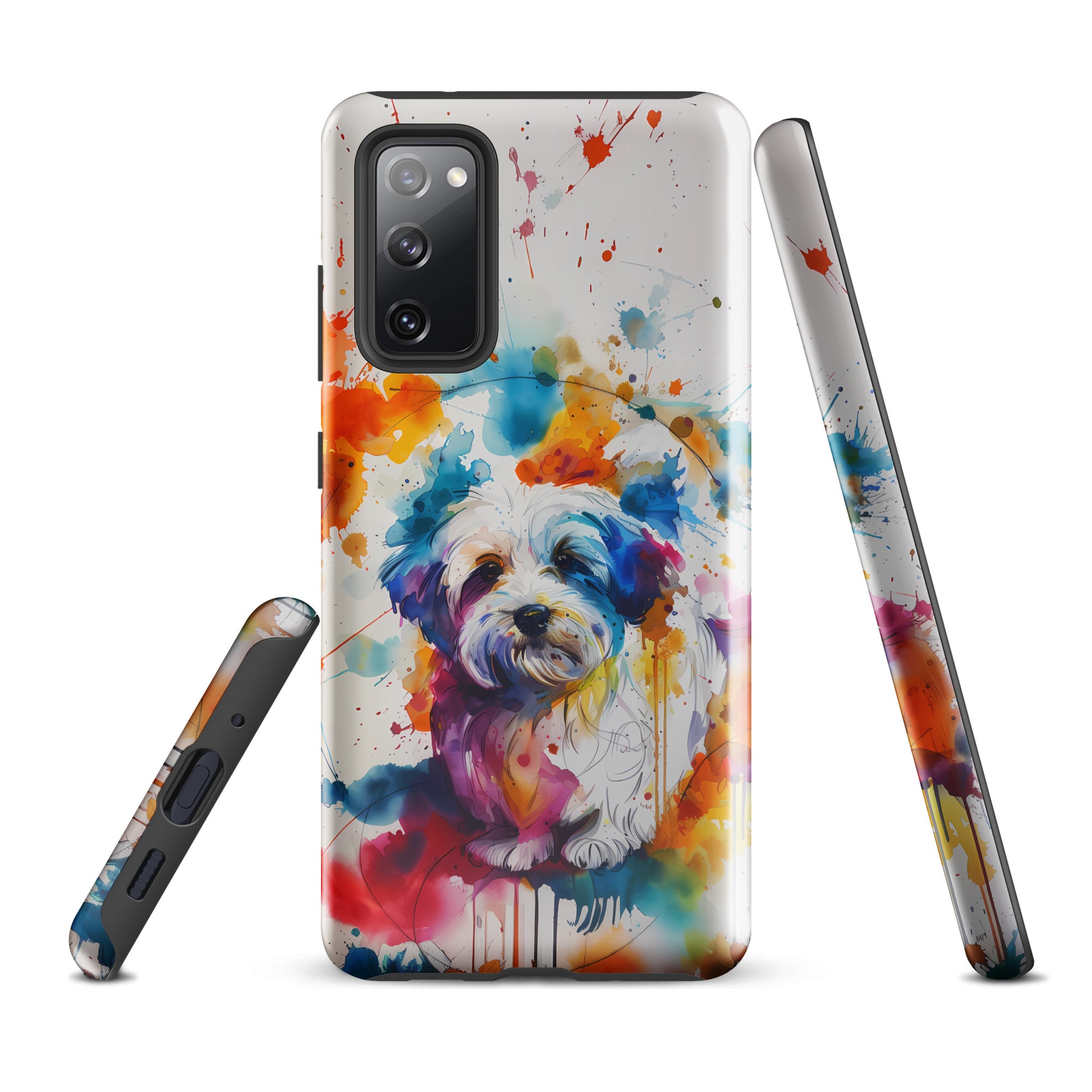 A Coton De Tulear dog in a splatter art phone case