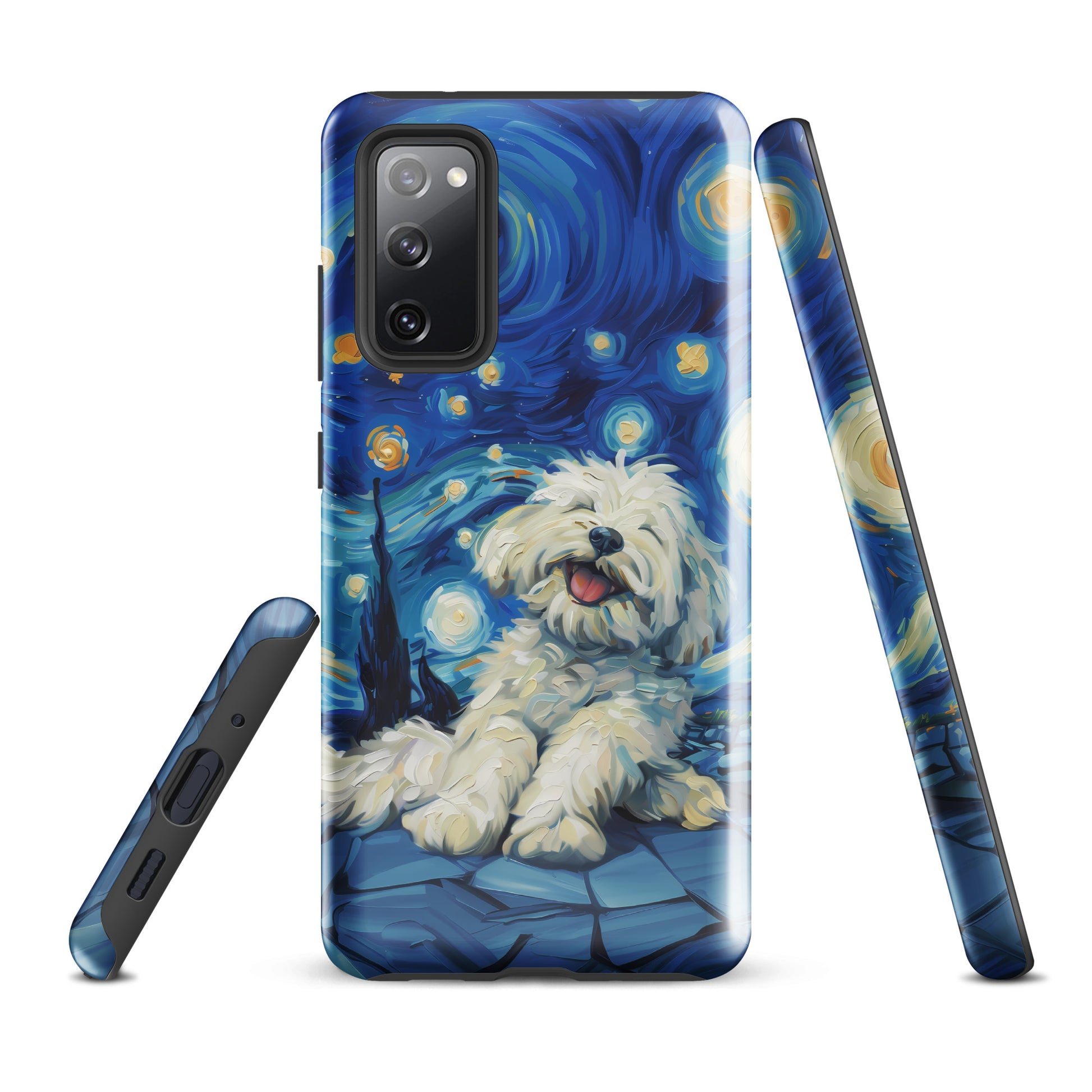 Van Gogh’s Starry night scene with a happy coton de tulear.