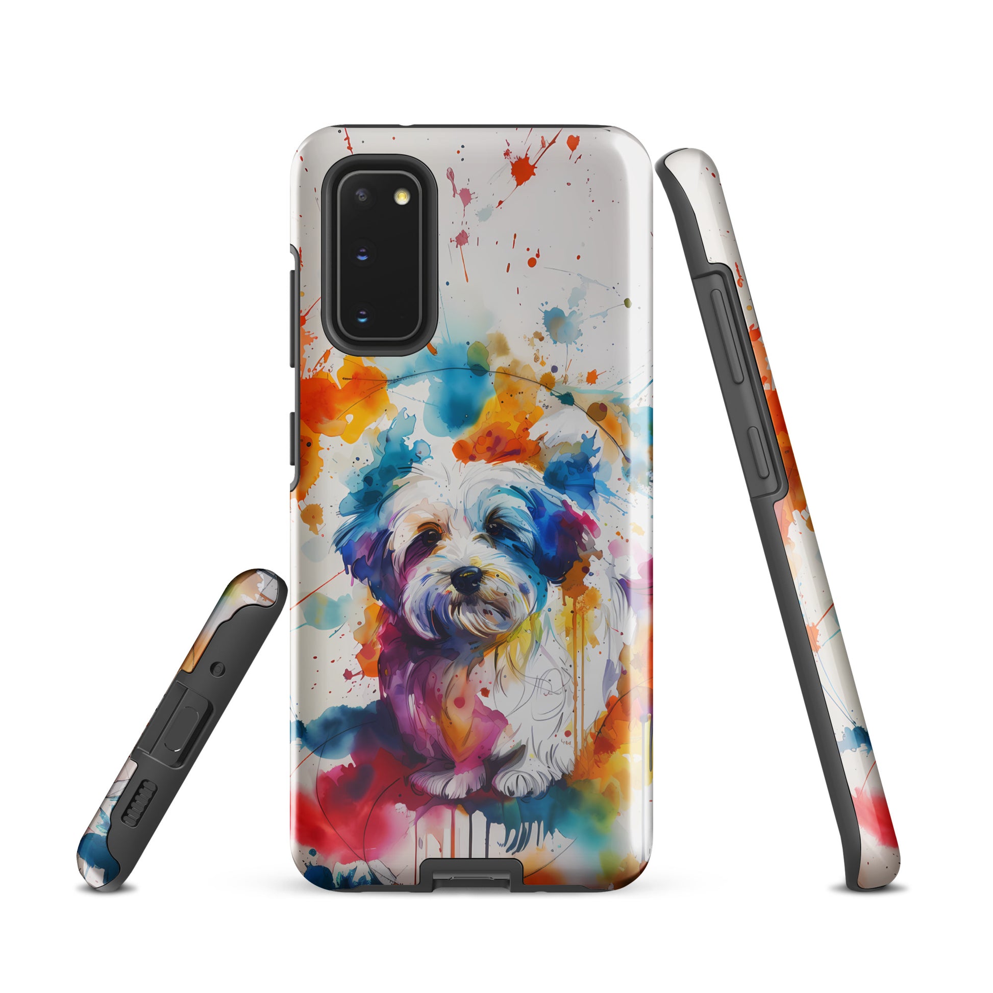 A Coton De Tulear dog in a splatter art phone case